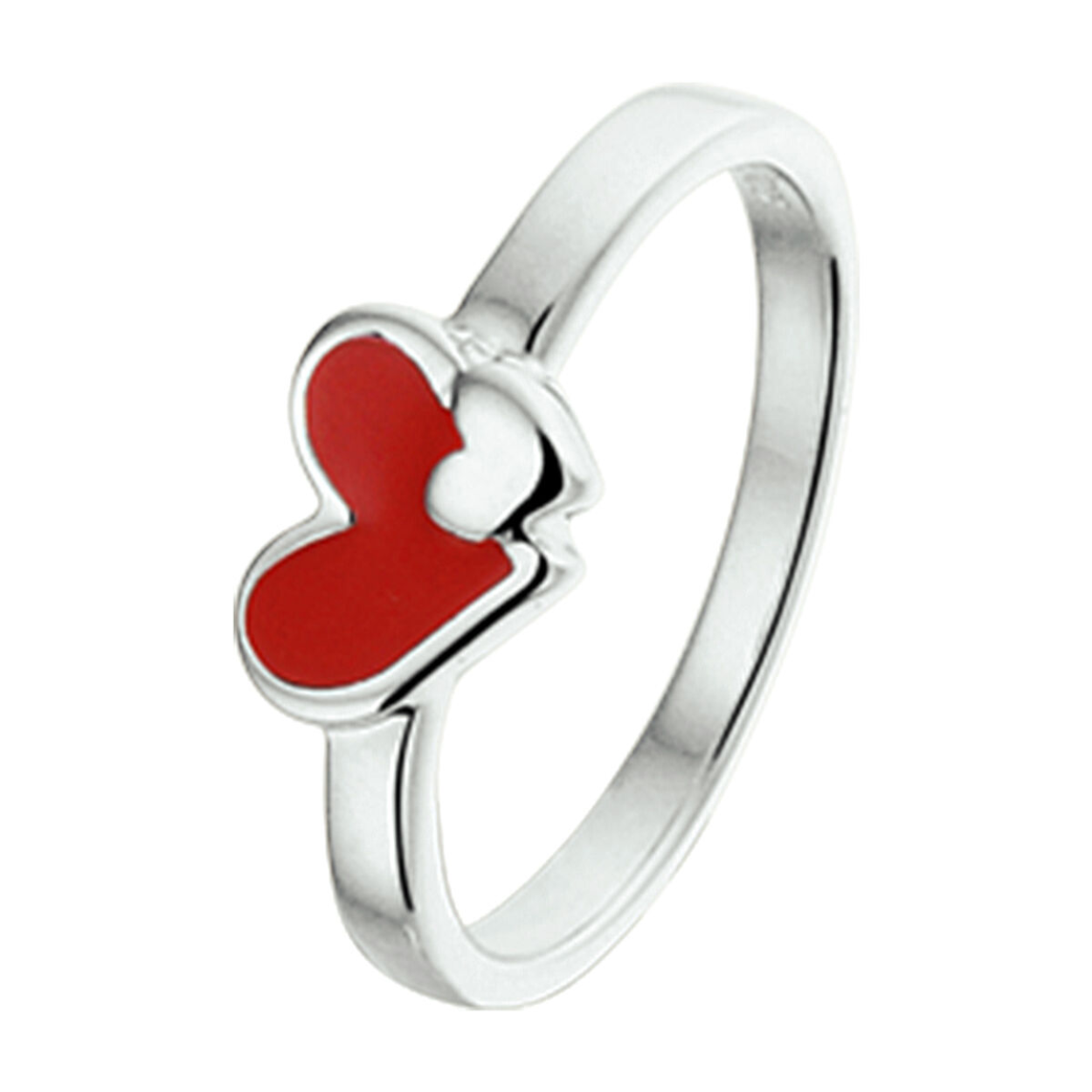 Gerhodineerd zilveren ring met rode en roze emaille hart. De ring heeft een scheen van 1.6mm en een breedte van 5.5mm en is verkrijgbaar in verschillende maten.