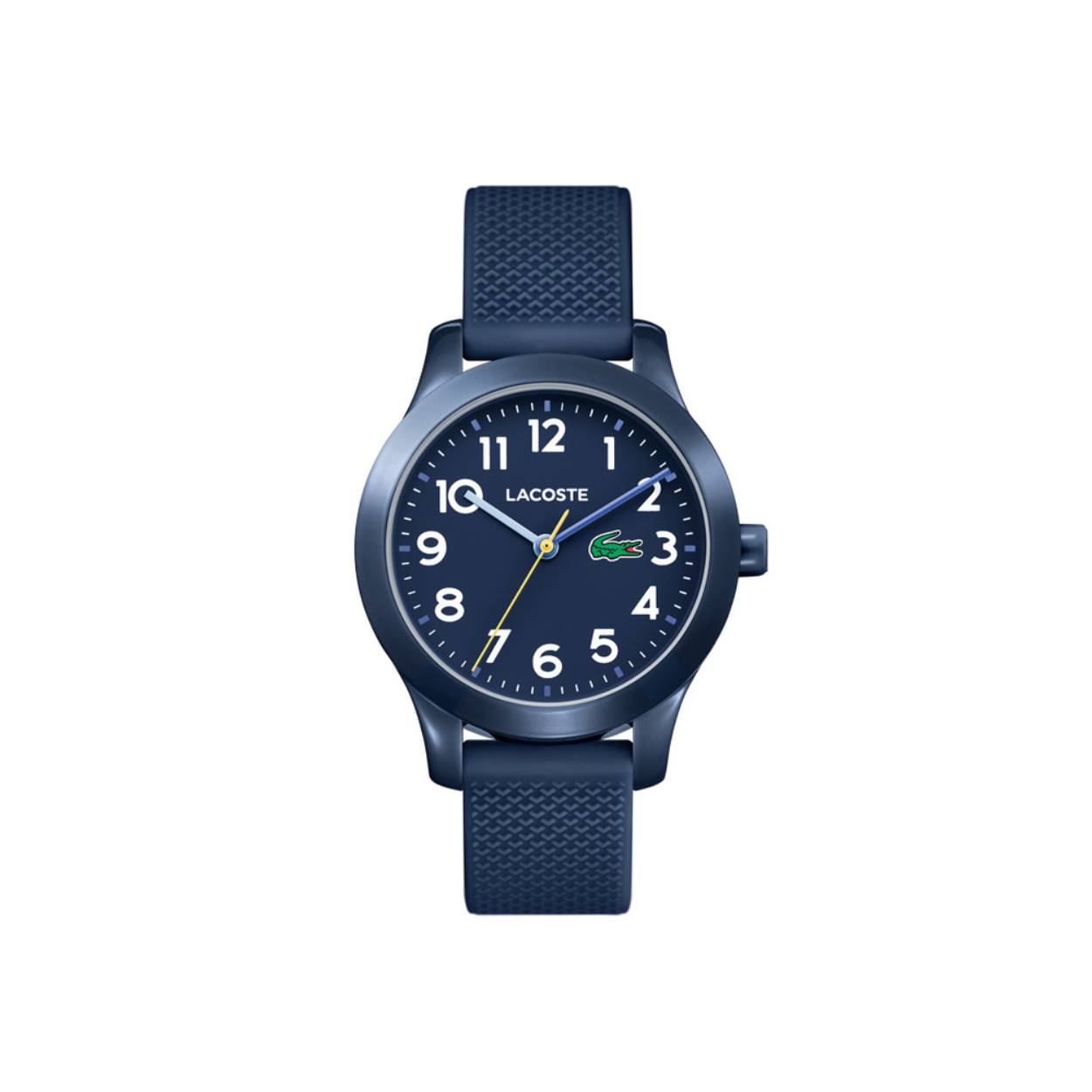 Lacoste kinderhorloge met een donker blauwe kunststof kast en siliconen band. Het horloge heeft een donker blauwe wijzerplaat met witte indexen.