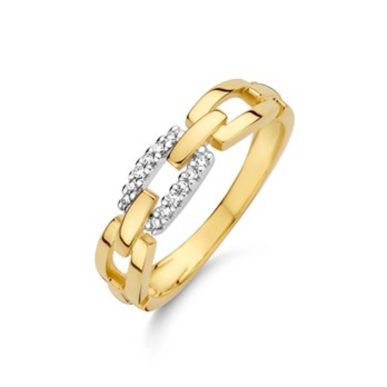14k Bicolor geel- en witgouden ring uitgevoerd met een schitterende diamant rij. De ring heeft een breedte van 5mm.
