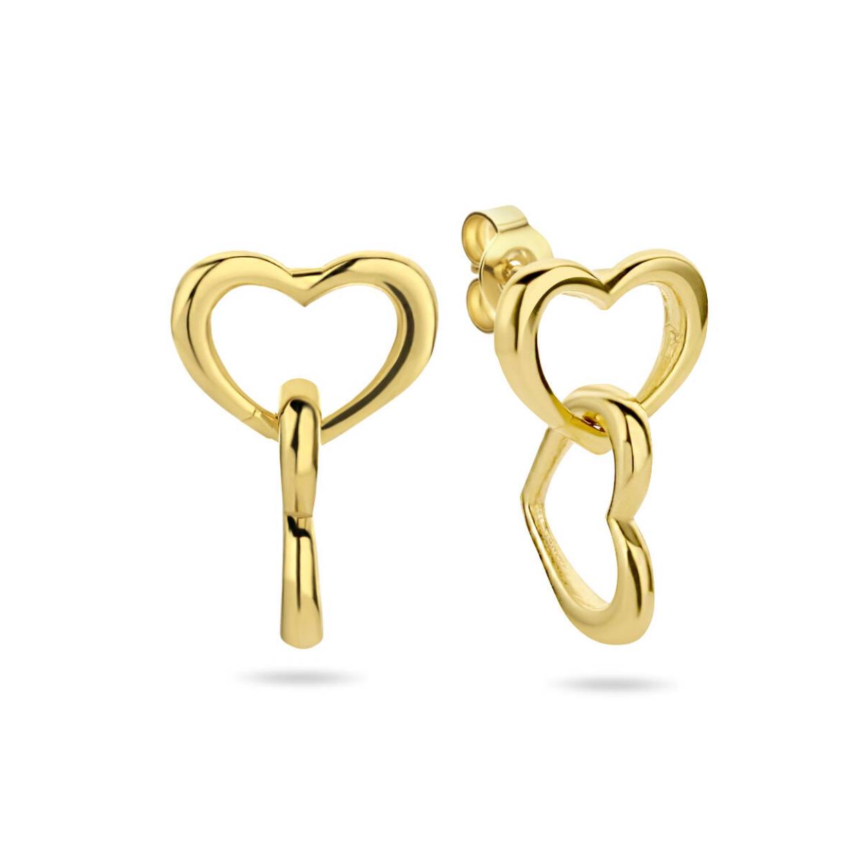 Geelgoud op 925 zilveren oorhangers uitgevoerd met twee hartjes. De oorhangers hebben een totale hoogte van 1.3cm en een breedte van 8.5mm. Geen garantie op de plating.