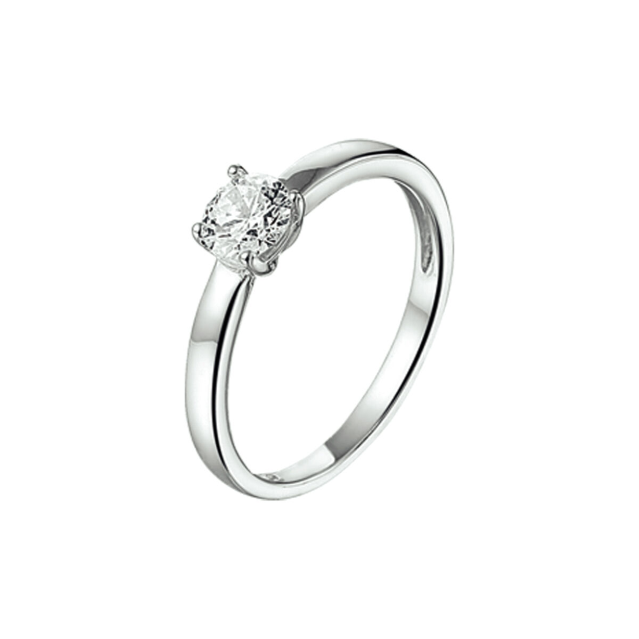Klassiek gerhodineerd zilveren ring uitgevoerd met een briljant geslepen zirkonia in een chaton zetting. 
Gerhodineerd zilver is door de rhodiumlaag beter bestand tegen verkleuren en krassen.
Zetting: solitaire (chatonzetting)