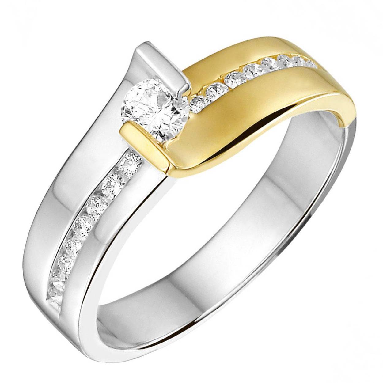 14kt. Bicolor briljantring, 1x0.21ct H/P1 + 16-0.12ct H/Si
