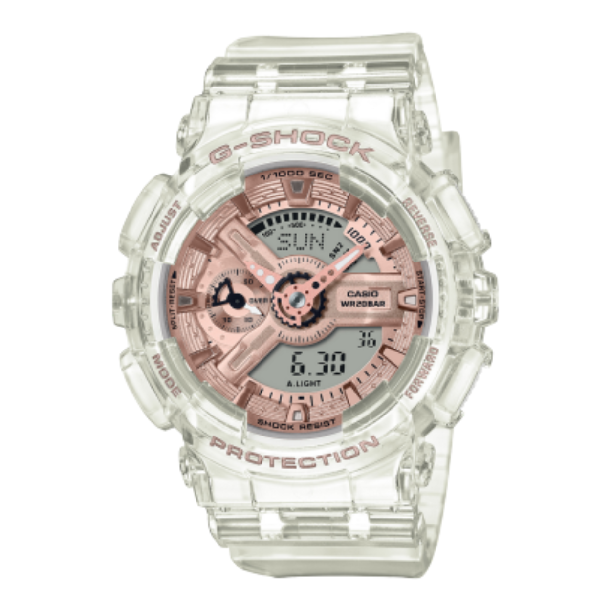 Dit Casio horloge behoort tot de G-Shock WOMEN Classic collectie. 
Referentienummer: GMA-S110SR-7AER

Het horloge heeft een diameter van 45.9MM. De kast en de band zijn gemaakt van kunststof. Het horloge heeft een roségouden wijzerplaat en mineraal glas. Het horloge is perfect voor vrij duiken zonder scuba-uitrusting: het horloge is waterbestendig tot 20 bar (ISO 22810).