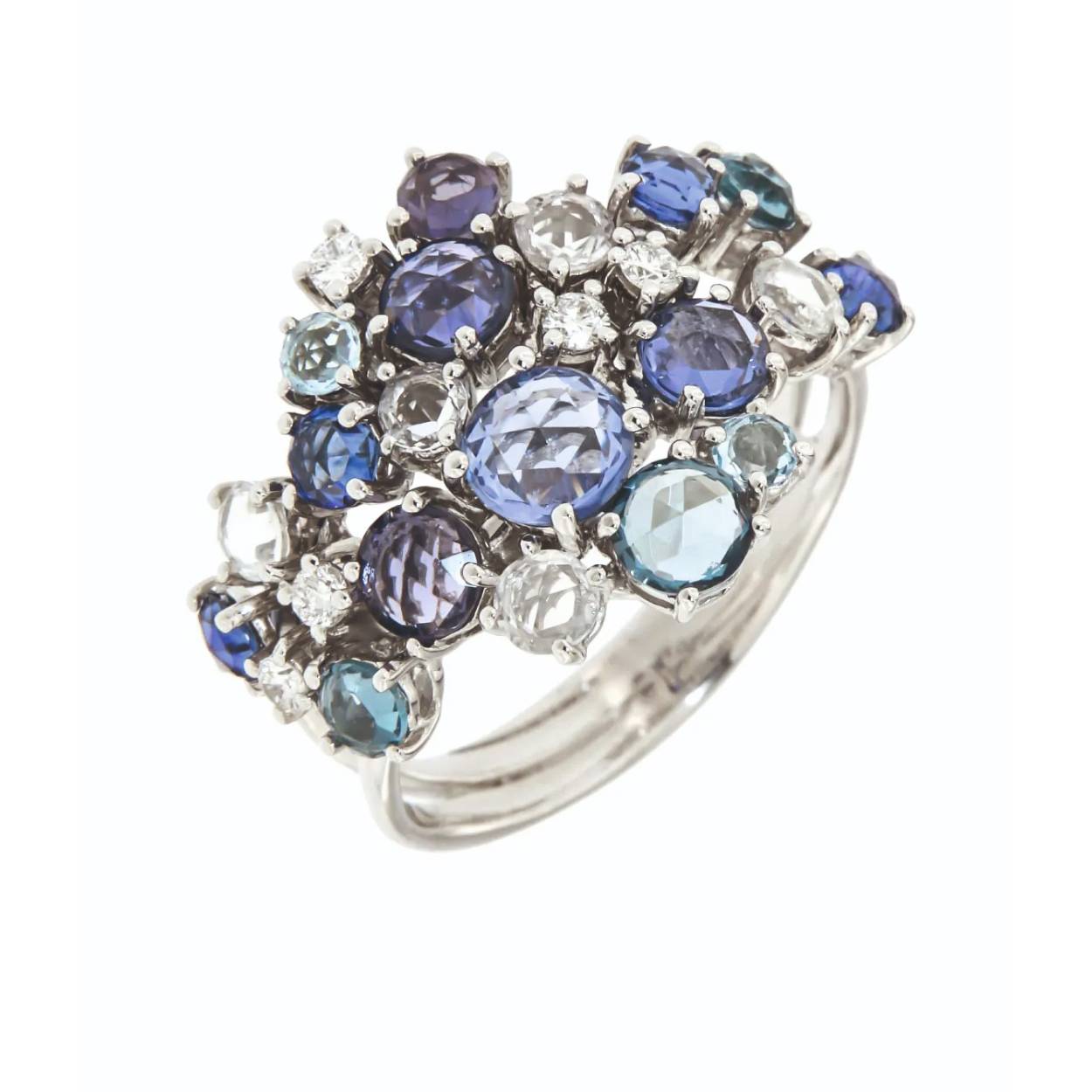 18 karaat WG ring met london blue/blauwe topaas/blauwe safier/ioliet + 0.16ct briljant