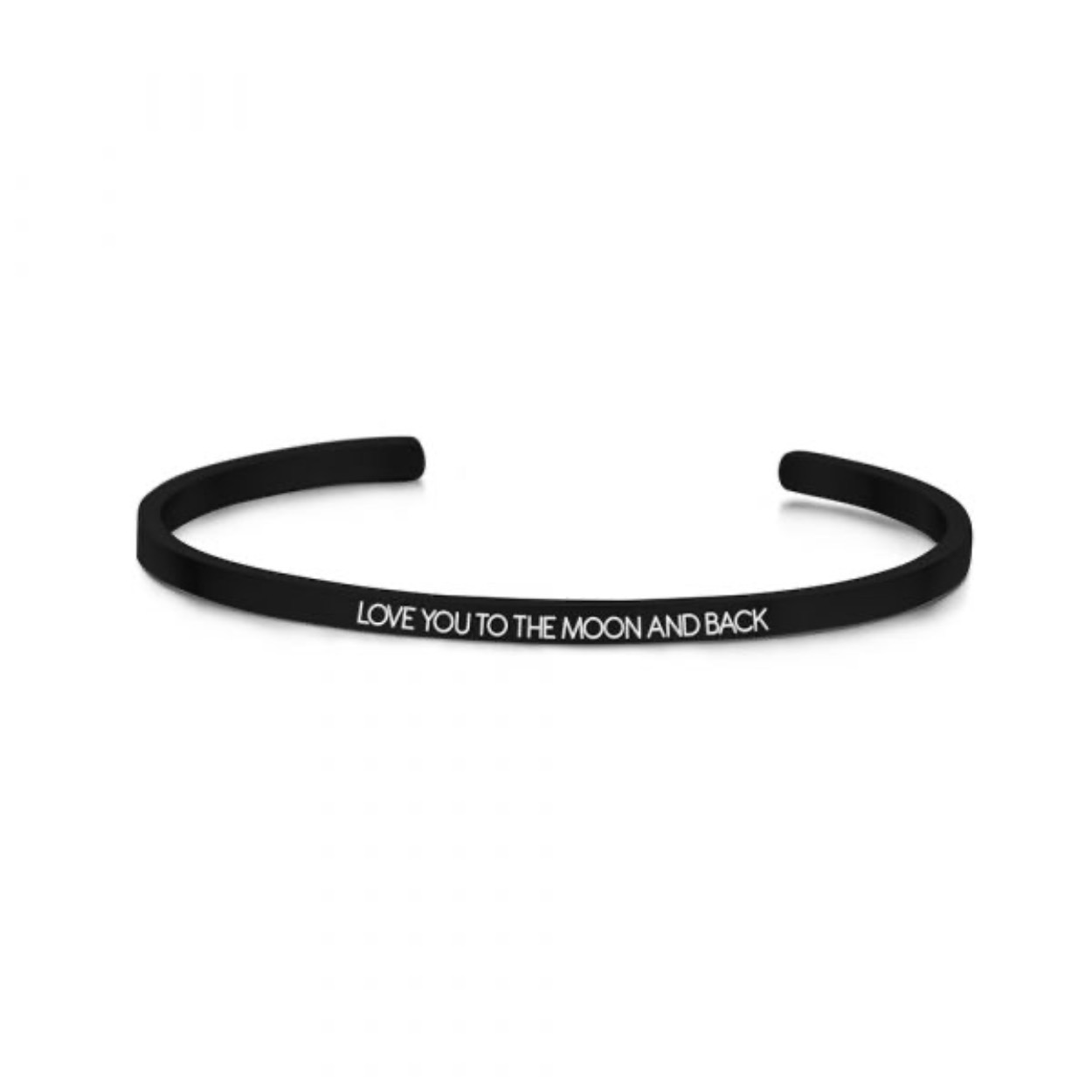 open bangle met tekst - love you to the moon and back - zirkonia - one-size - zwart op staal