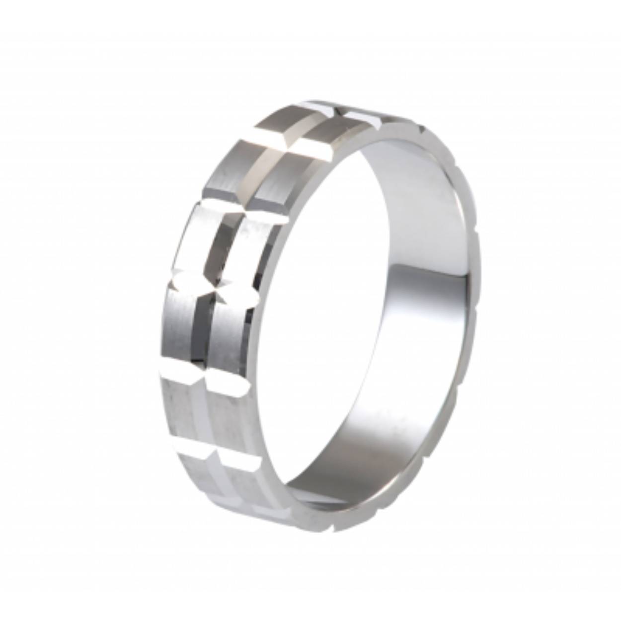 585 witgouden trouwringen, mat/glimmend, blokjesmotief. Damesring 4 mm, herenring 6 mm. De damesring heest geen diamant
Prijs is op aanvraag