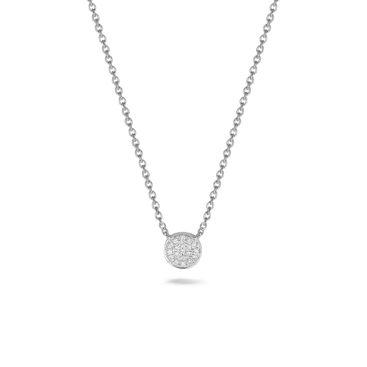 Onze cirkelketting in witgoud met diamanten bevat 19 diamanten, wat een totaal van 0,05 karaat maakt in 18 karaat witgoud.