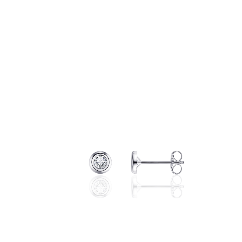 14k witgouden oorknop met zirkonia, gezet in een ronde zetkast. Zirkonia heeft een diameter van 2mm