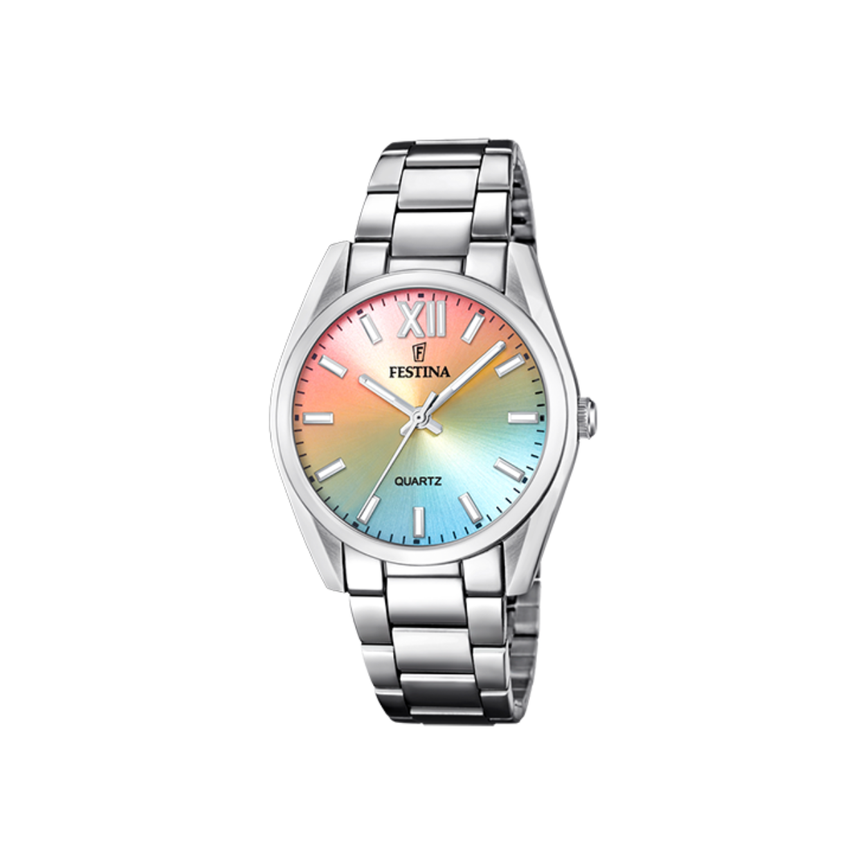 Stalen dameshorloge van Festina met een multi kleurige wijzerplaat