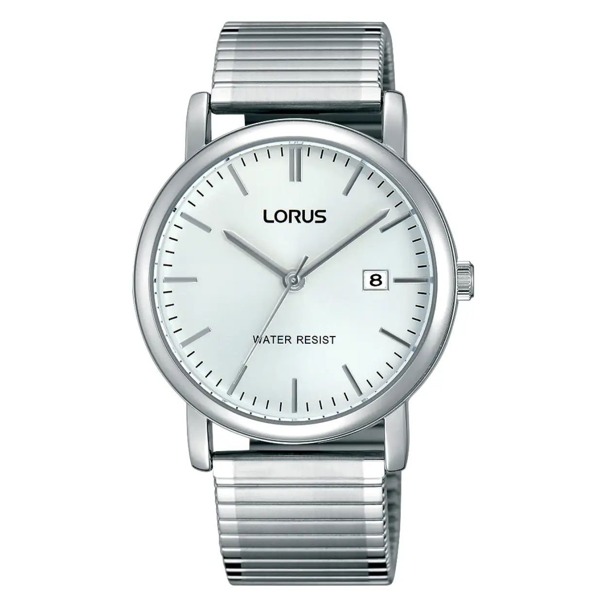 Dit Lorus stalen horloge  heeft een witte wijzerplaat. Een stalen rekband. 