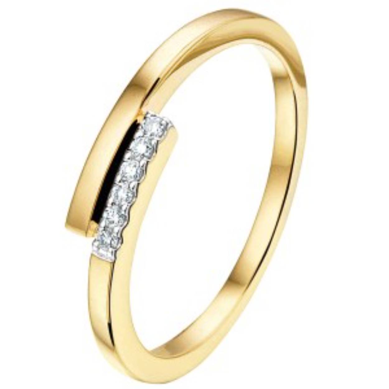 14 Karaat gouden fantasie  damesring met 6 diamantjes - briljant geslepen van in totaal 0.05 crt . H-SI