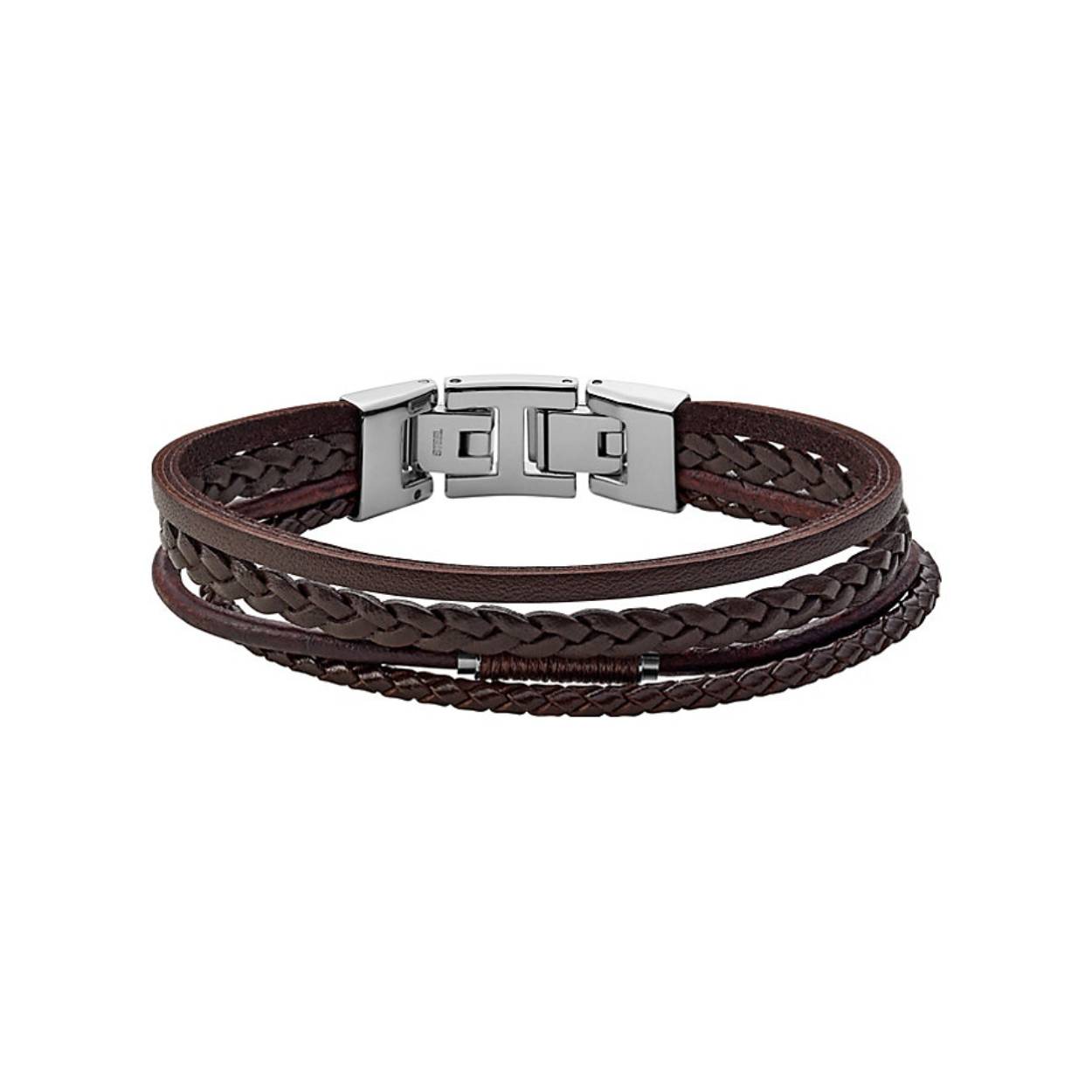 Deze multilook armband van Fossil heeft vier bruine leren banden.