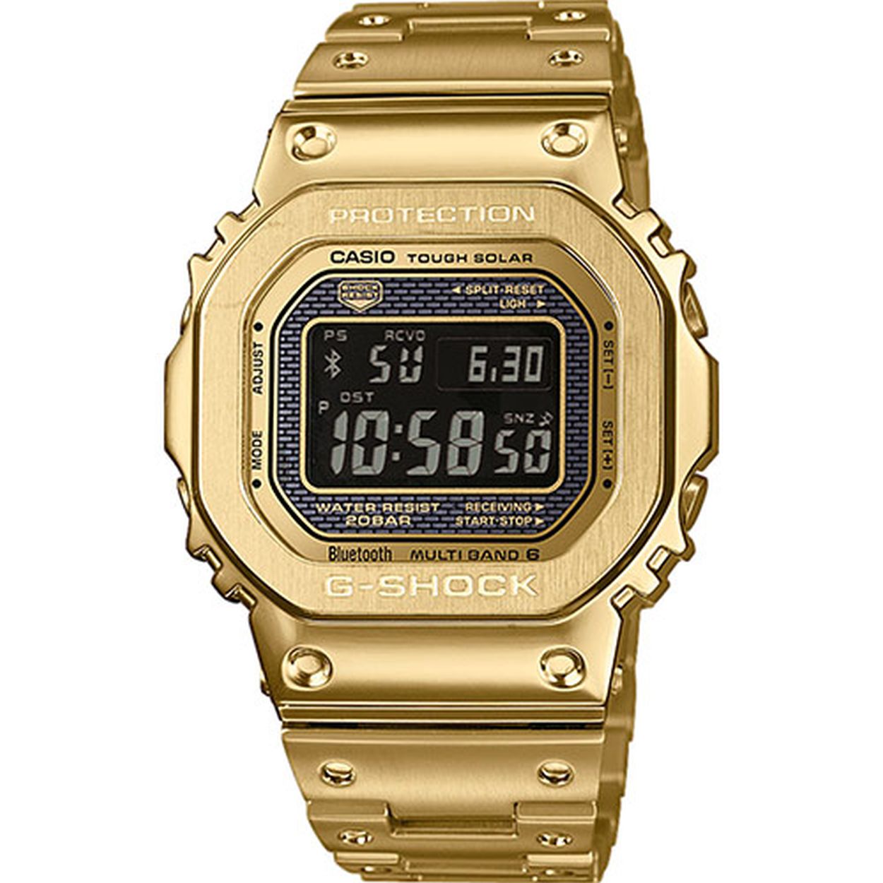 De DW-5000C is het oorspronkelijke G-Shock-model uit 1983. De GMW-B5000-serie heeft het karakteristieke vierkante ontwerp behouden en heeft een volledige metaalbehandeling gekregen, samen met verbeterde functies zoals smartphonekoppeling. De GMW-B5000-1JF heeft een volledig metalen behuizing gekregen met schokbestendig, fijnharsdempend materiaal dat tussen de behuizing en de stevige roestvrijstalen metalen rand is geplaatst. Dankzij de bevestigingstechnologie met hoge dichtheid heeft het horloge het originele formaat behouden. De achterkant van het horloge is voorzien van een stevige schroefvergrendeling en is voorzien van een DLC-behandeling voor slijtvastheid. De hele behuizing en de band zijn voorzien van een gouden ionencoating voor een prachtige kleur. Ook de zichtbaarheid is verbeterd door het gebruik van een foliezonnecel en STN-lcd (vloeibare kristallen). Dit functionele model wordt geleverd met Bluetooth®-connectiviteit en kan worden gekoppeld met een speciale app om nauwkeurige tijdinformatie te verkrijgen. Het horloge zit ook boordevol praktische functies, waaronder een tijdcorrectiesysteem dat gebruikmaakt van standaard tijd- en frequentiesignalen (Multi-Band 6), een betrouwbare energiebron in de vorm van Tough Solar-technologie, volledig automatische led-achtergrondverlichting met hoge helderheid, wereldtijd en weergave van de dag van de week in zes talen. Dit G-Shock-model blijft trouw aan zijn voorganger, terwijl het verder is verfijnd door het volledig metalen ontwerp.