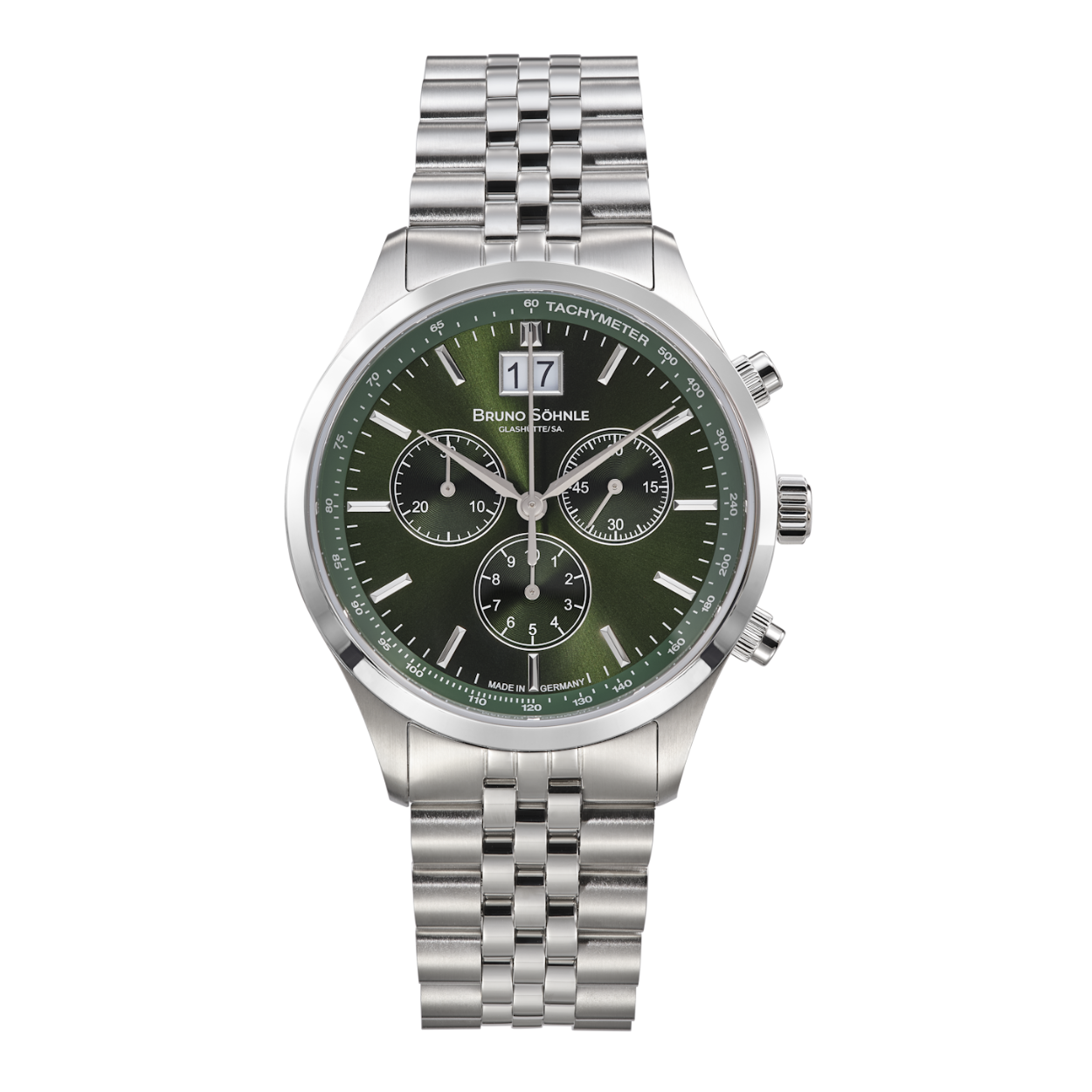 Quartz movement in refined Bruno Söhnle version (Base movement Ronda 5040.B), Stainless steel, Ø 39,5 mm, Height 10,0 mm, 10 bar, Sapphire glass with anti-reflective coating inside, Stainless steel bracelet, Folding clasp.