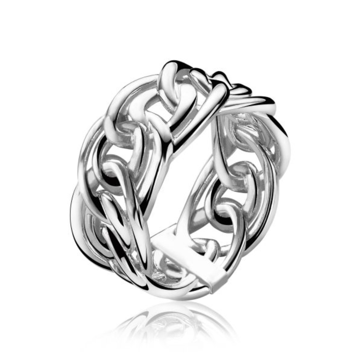 ZINZI CHAIN zilveren ring met brede stoere fantasie gourmet schakel. Breedte van schakel is 10mm. Aan één zijde van de ring is sierlijk Zinzi verwerkt in plaatje, ook opvallend naar voren te dragen.