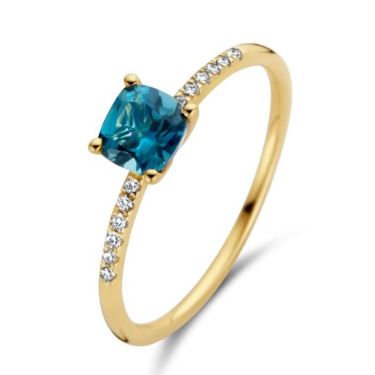 14 krt solitair met london blue topaas en diamant op de scheen.