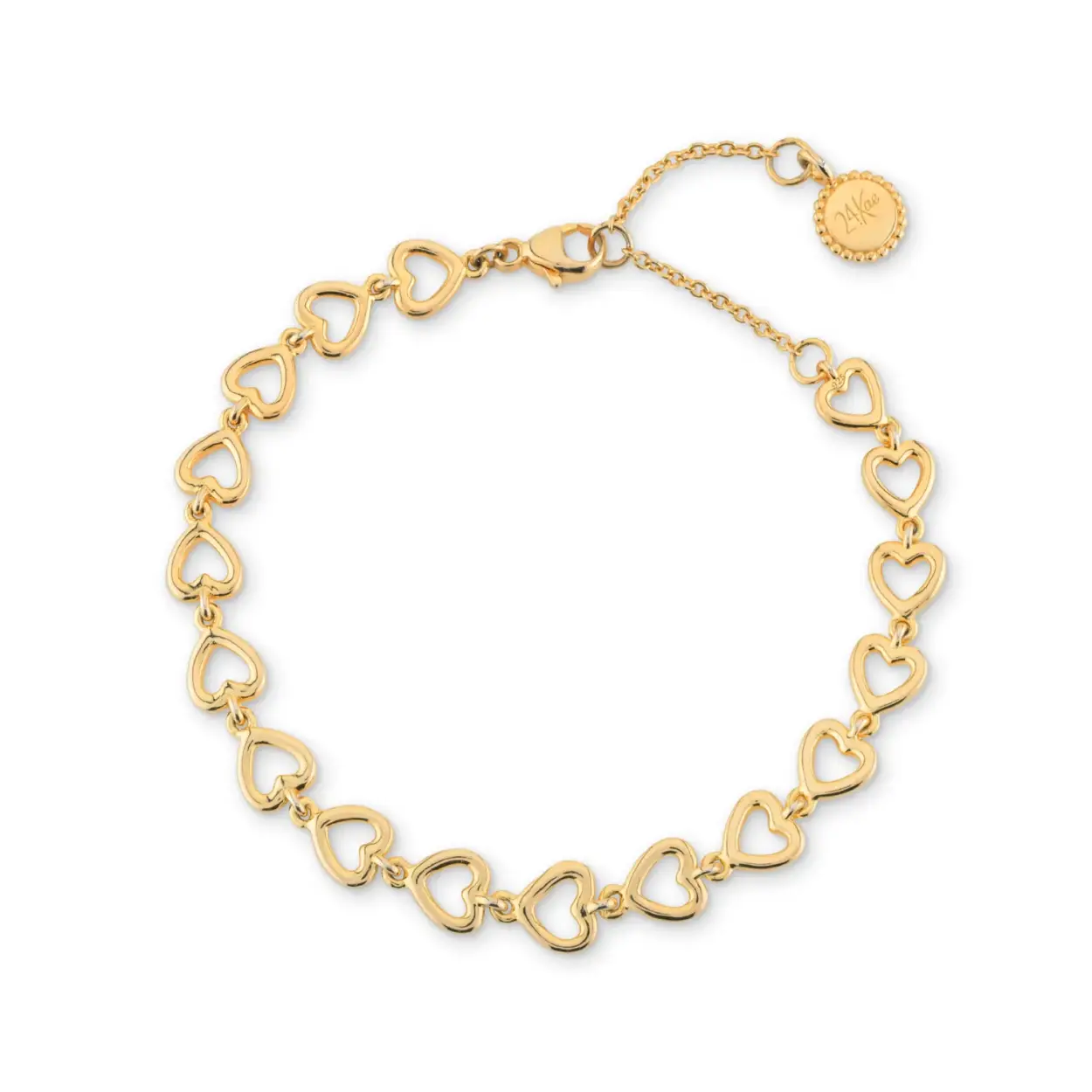 The heart family! This classic bracelet has heart-shaped chains. The bracelet has a matching ring, necklace, earrings and other bracelets. This way you can combine endlessly! All 24Kae jewelry is designed by Kae Sutherland with love and an eye for detail. So don't forget to treat them with love too. Each 24Kae necklace is characterized by its authenticity through a unique handmade charm with engraving and a touch of beige.

Details
- Length bracelet: 15 cm
- Extension: 4 cm
- Size heart: 0,6 cm
