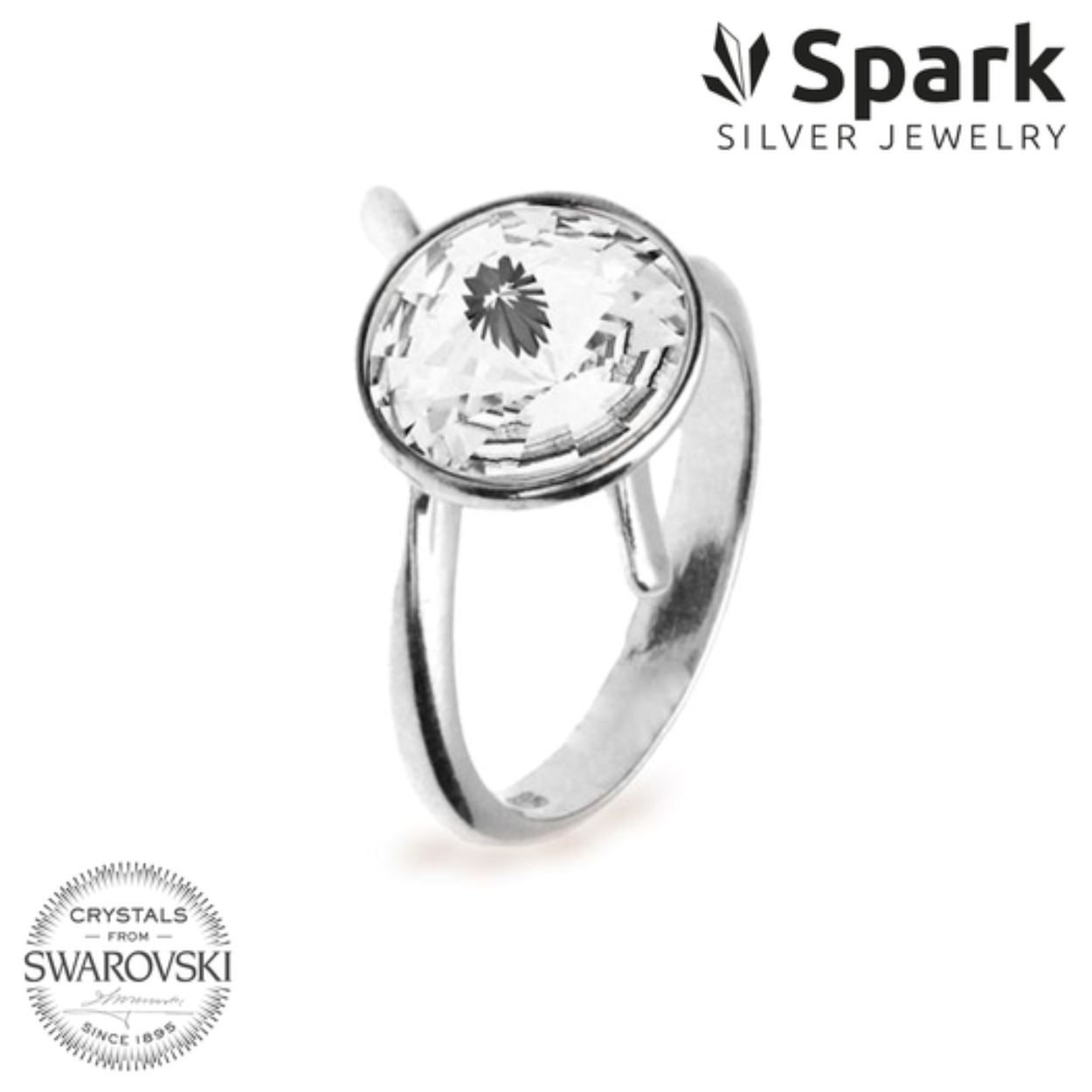 Zilveren ring met grote witte swarovski kristal. Ring is open en kan dus op maat gebogen worden.