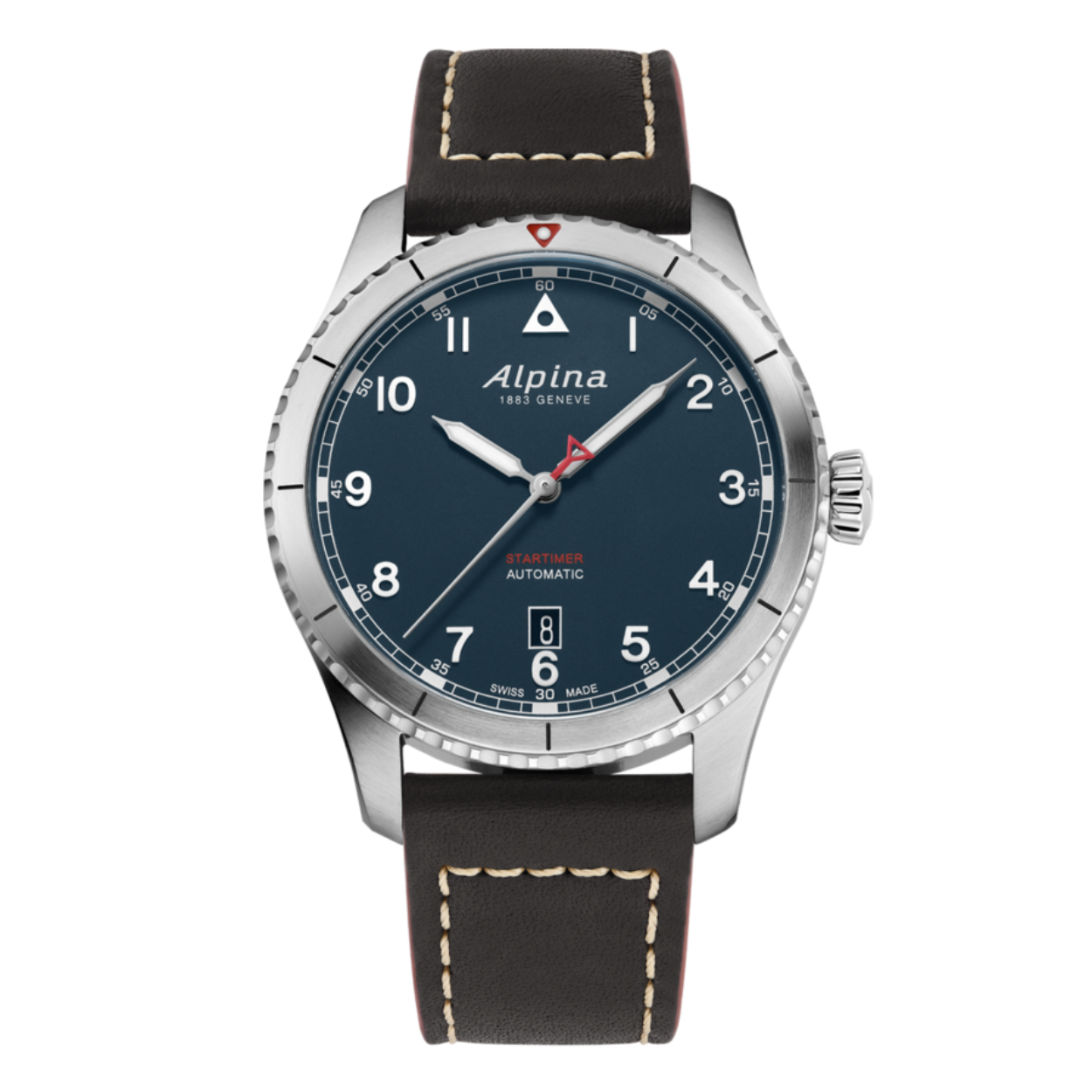 De Alpina Startimer Pilot Automatic is een stijlvol Zwitsers pilotenhorloge met een robuuste 41 mm roestvrijstalen kast en een petrolblauwe wijzerplaat. Het automatische AL-525 uurwerk biedt een betrouwbare tijdweergave met datumaanduiding, terwijl het krasbestendige saffierglas en de waterdichtheid tot 100 meter zorgen voor duurzaamheid. De bruine kalfsleren band geeft het horloge een klassieke, tijdloze uitstraling die perfect is voor zowel dagelijks gebruik als liefhebbers van luchtvaartdesign.