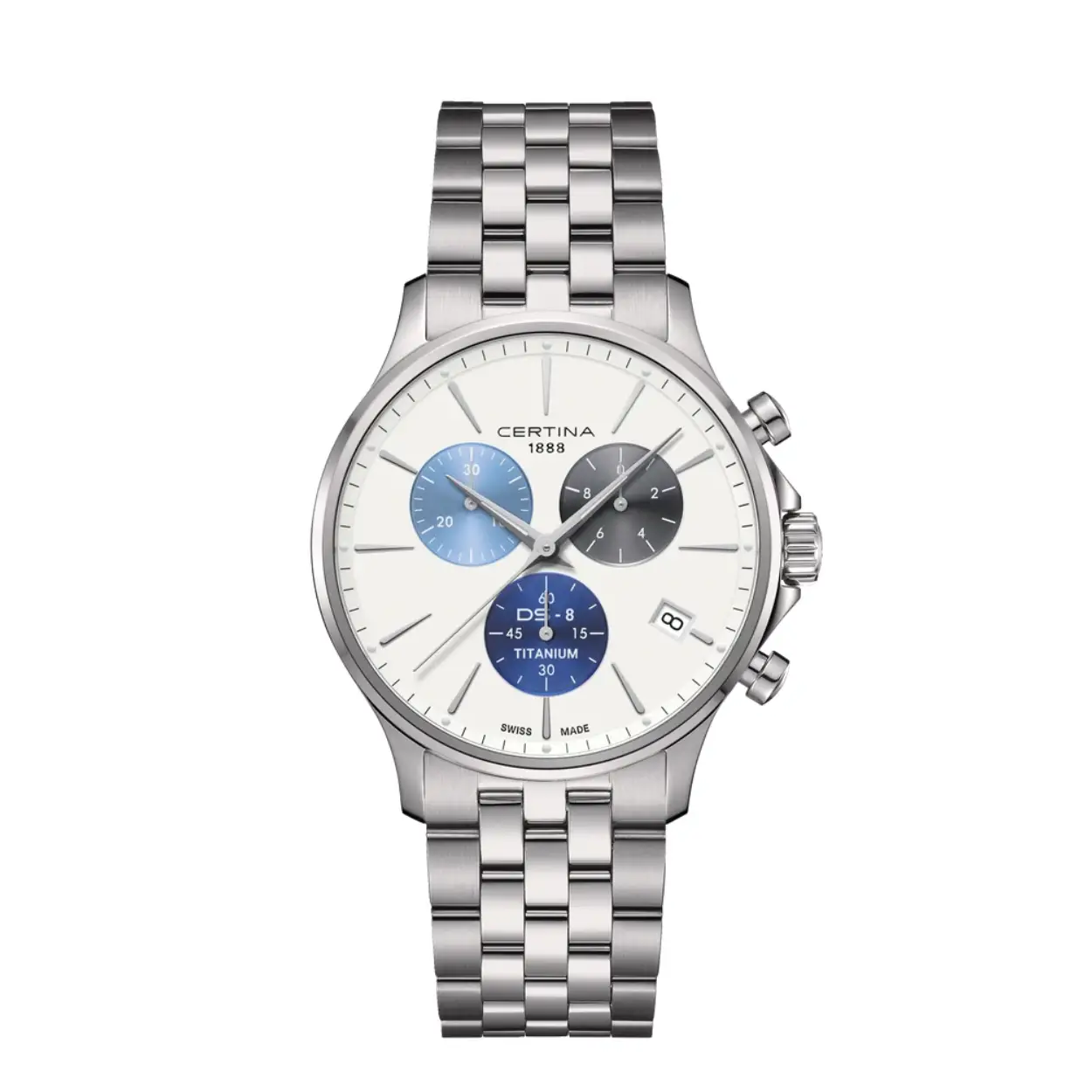 Certina DS-8 titanium horloge quartz chronograaf precidrive 
100 M waterdicht en voorzien van een krasbestendig saffierglas.

De DS-8 collectie combineert technische prestaties met een echt gevoel voor stijl - of het nu gaat om een elegant automatisch uurwerk voor hem en haar, een quartz damesmodel met chronometercertificaat of een chronograaf met het fascinerende spektakel van een maanfaseweergave.

Titanium is een metalen element dat niet alleen extreem robuust, hypoallergeen en corrosiebestendig is, maar ook bijzonder licht - ongeveer half zo zwaar als staal. Daarom gebruikt Certina het voor de productie van bijzonder comfortabele kasten, armbanden en sluitingen.

Super-LumiNova® (SLN) is een lichtgevend materiaal met fosforescerende eigenschappen. In het donker straalt het door Certina gebruikte SLN type BG W9 het opgeslagen licht uit als een blauwe glinstering. SLN is op geen enkele manier schadelijk voor de gezondheid en wordt gebruikt in coatings op wijzers, indexen en glasranden. Het verliest geleidelijk zijn fosforescentie in het donker, maar krijgt deze automatisch terug bij licht.

Saffier horlogekristal wordt gemaakt van aluminiumoxidekracht (Al2O3) die tot meer dan 2000°C wordt verhit. De resulterende saffieren klomp wordt met grote precisie in fijne plakjes gesneden, bijgesneden en gepolijst. Saffier is extreem krasbestendig, schokbestendig en zeer transparant. Daarom is saffierglas een essentieel element in het DS Concept en wordt het door Certina gebruikt in al haar modellen om de wijzerplaten te beschermen.