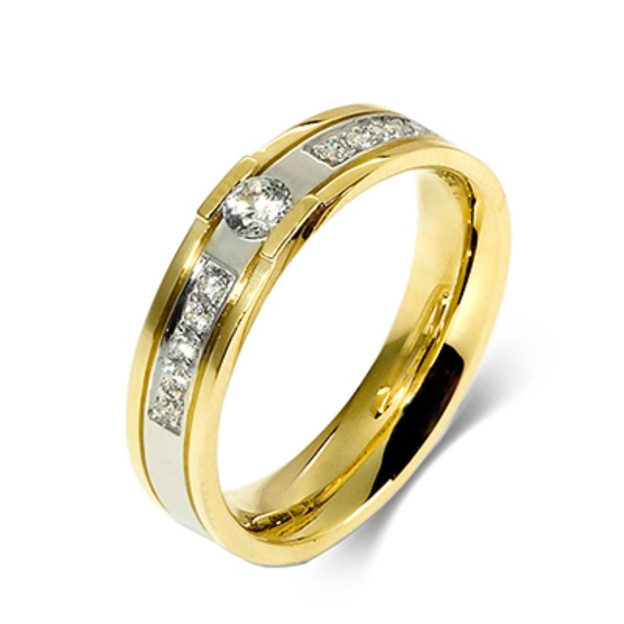 585 bicolor trouwringen, geel/wit/geel glanzend. 5 mm breed. De damesring is gezet met in totaal 0.30ct briljant 11 steens
Prijs is op aanvraag