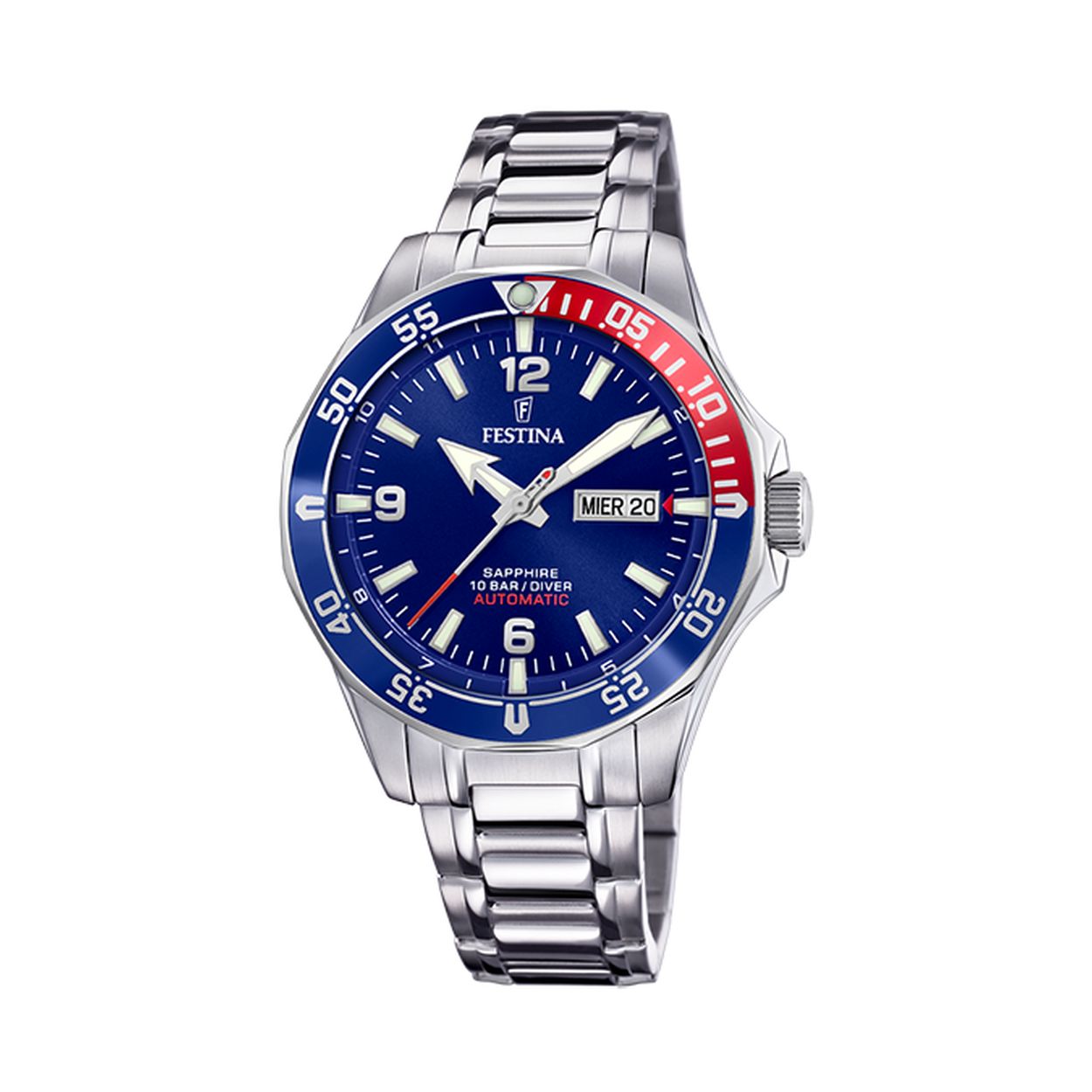 Mechanisch uurwerk uit de Festina Sport reeks - Zilverkleurige edelstalen kast en band - Rood/blauwe lunette - Blauwe wijzerplaat met dag/datumaanduiding - Waterdichtheid: 10 ATM
