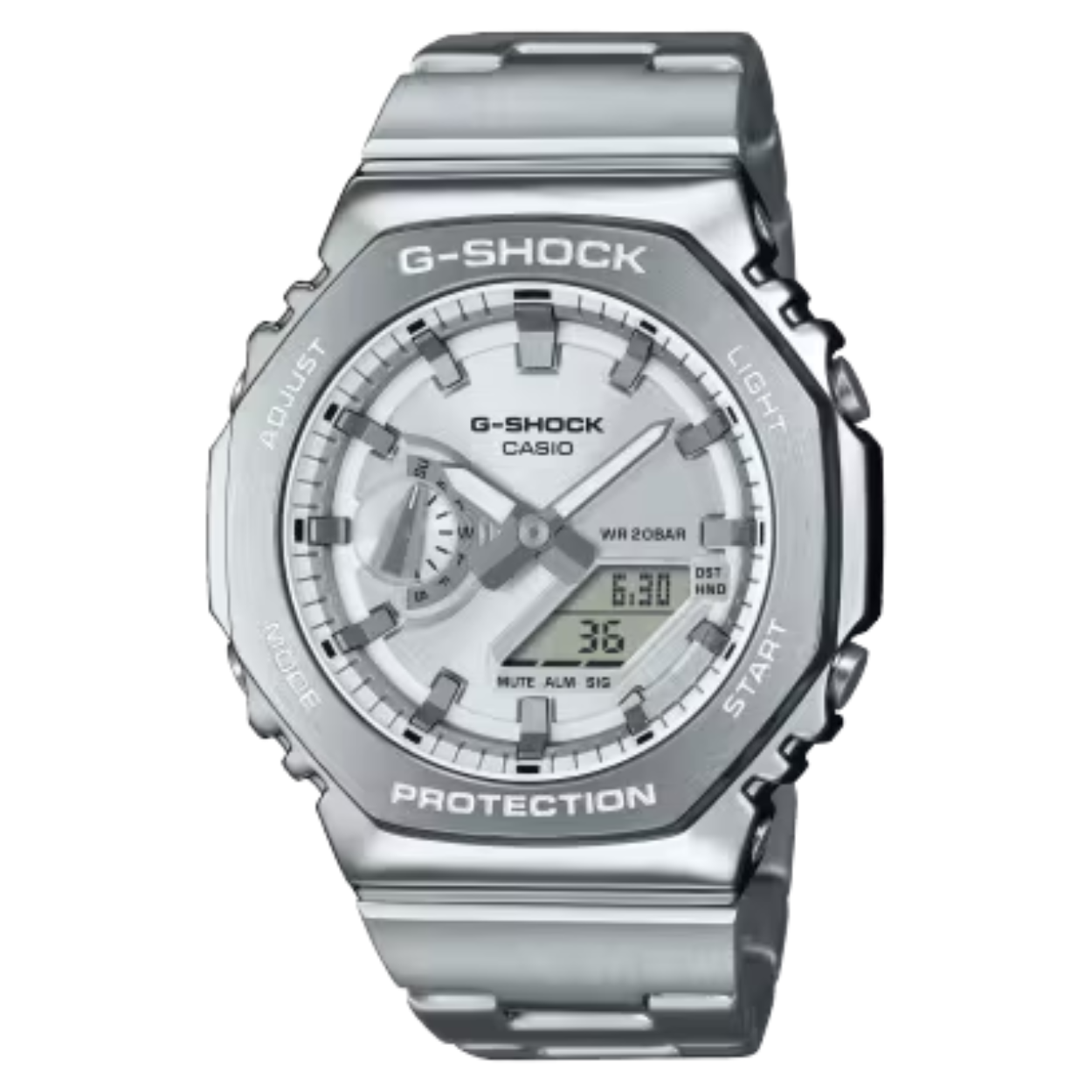 Dit Casio horloge behoort tot de G-Shock collectie.
Referentienummer: GM-2110D-7AER

De uniforme achthoekige roestvrijstalen rand is zorgvuldig gesmeed en gepolijst en omsluit een eenvoudig ontwerp zonder poespas met een verfijnde, maar stoere uitstraling. De kast met hoge stijfheid is van fijnhars en versterkt met glasvezel, en is de dunste van alle G-SHOCK-combinatiemodellen, met slechts 11,8 mm.

De metalen band, samen met de frisse kleur van de wijzerplaat in metallic messing, kan alles aan; werk of ontspanning. 

Je kunt kiezen uit hemelsblauw, oranje of limoengroen, naast de klassieke kleuren marineblauw en zilver. En dat alles met dubbel ledlicht met hoge helderheid, zodat je zelfs in het donker goed kunt lezen.