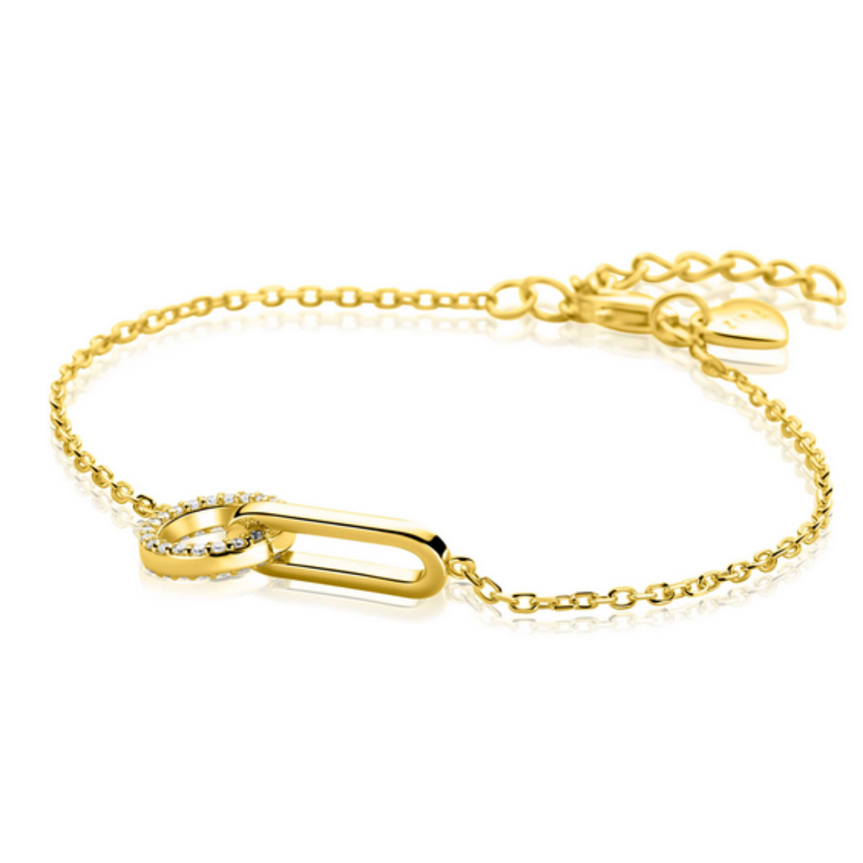 ZINZI goldplated zilveren schakelarmband met twee verbonden schakels, bezet met witte zirkonia's ZIA2809
