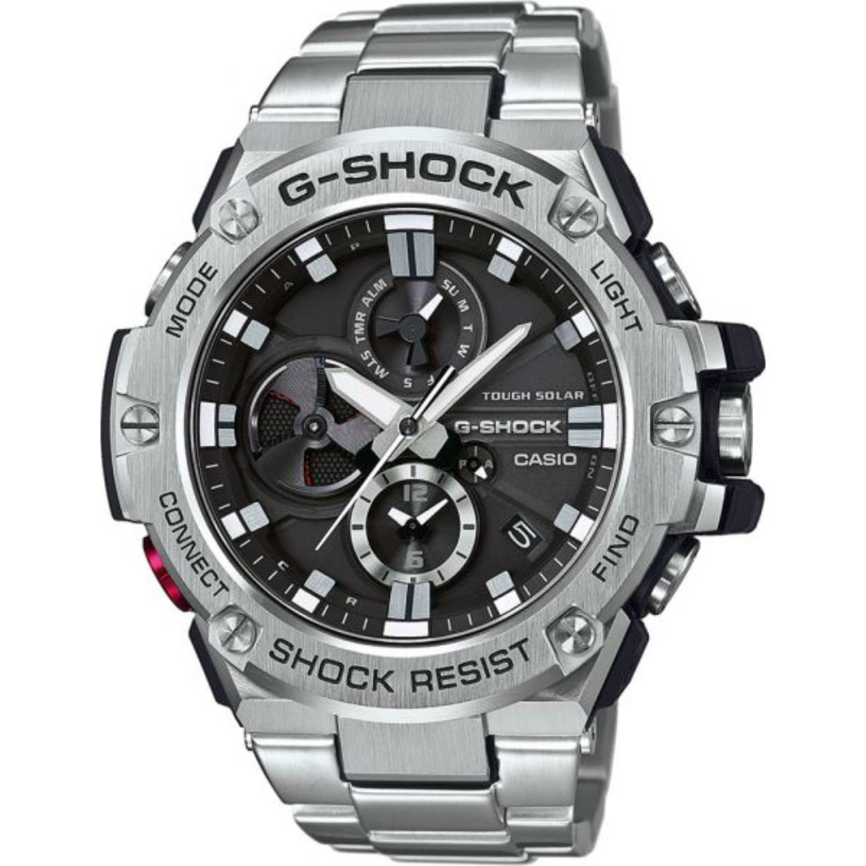 Een G-STEEL-model met een analoge chronograaf en een zuiver roestvrijstalen band, ontworpen met een motief van zware straalmotorbladen. Een motor met dubbele spoel in een draaiende schijf die op 9 uur is geplaatst, beweegt de wijzers en straalt een functionele schoonheid uit. Naast de functie voor het in- en uitschakelen van het alarm en het gebruik van de rotatie om de stopwatch weer te geven, werkt deze ook als een batterij-indicator. Dankzij de constructie van de beschermingslaag en de bevestigingstechnologie met hoge dichtheid is de module kleiner en dunner, waardoor de draagbaarheid en de algehele kwaliteit van het horloge zijn verbeterd. Het horloge is ook uitgerust met Bluetooth®-connectiviteit voor een nauwkeurige tijdregistratie via een smartphone. Dankzij de robuuste zonne-energiefunctie heeft het horloge een stabiele werking. Het is bovendien uitgerust met praktische functies zoals zeer heldere led-verlichting en wereldtijd met twee wijzerplaten.
