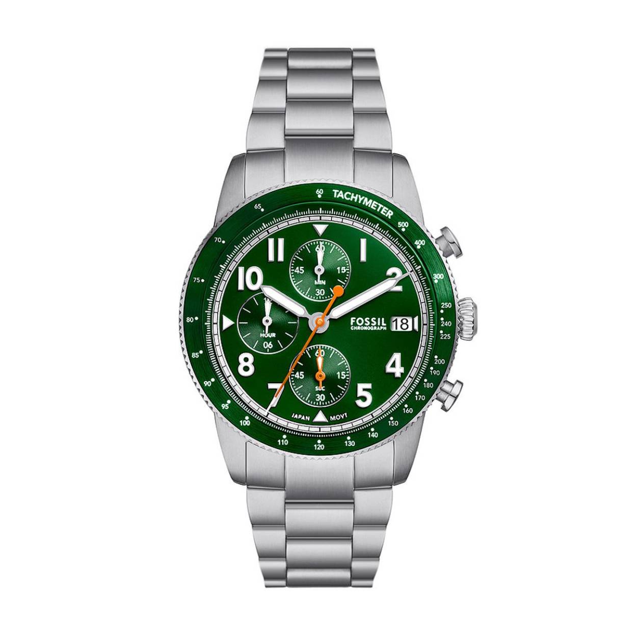 Fossil heren pols horloge staal met stalen band uit de Sport Tourer Collcetie. Groene wijzerplaat quartz chronograaf. 5 ATM waterdicht.