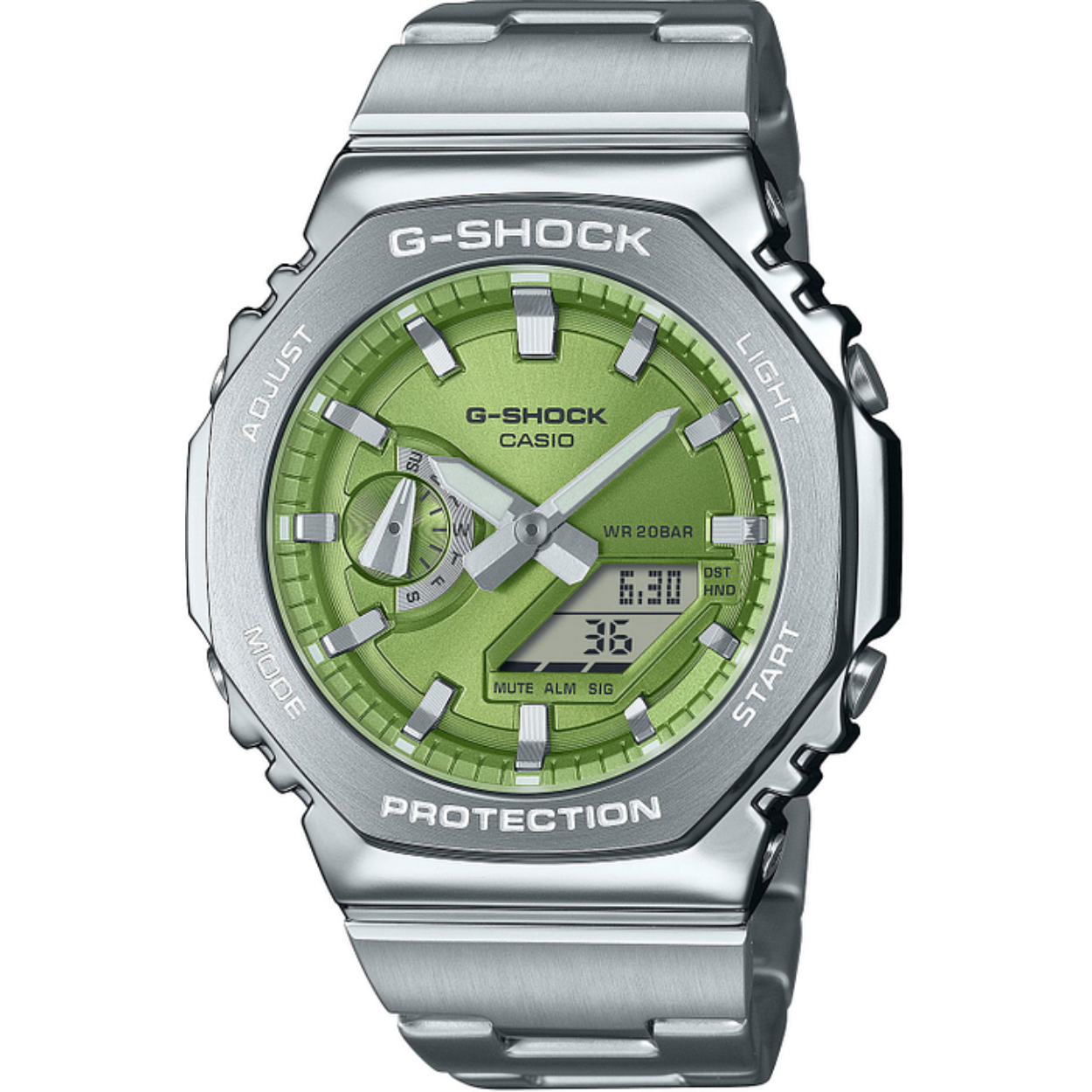 Op zoek naar een stoer en robuust horloge dat ook nog eens perfect is voor duikers? Dan is de CASIO G-SHOCK GM-2110D-3AER het perfecte horloge voor jou! Dit horloge heeft een analoge tijdaanduiding en een quartz uurwerk, wat zorgt voor een nauwkeurige en betrouwbare tijdmeting.

Met een diameter van 44 mm en een hoogte van 12 mm heeft dit horloge een stoere en opvallende uitstraling. De ronde zilverkleurige behuizing is gemaakt van roestvrij staal, wat zorgt voor duurzaamheid en stevigheid. De groene wijzerplaat en het mineraalglas geven het horloge een unieke en trendy uitstraling.

De zilverkleurige roestvrijstalen band is niet alleen stijlvol, maar ook zeer comfortabel om te dragen. De vlinder- of vouwsluiting zorgt ervoor dat het horloge goed op zijn plek blijft zitten, zelfs tijdens de meest intense duiksessies.

Dankzij de datumweergave vergeet je nooit meer welke dag het is. En met een waterdichtheid van 20 bar is dit horloge perfect voor duiken en andere watersportactiviteiten. Je kunt dus zonder zorgen het water in duiken en genieten van al het moois dat de onderwaterwereld te bieden heeft.

Als officieel Casio verkooppunt kunnen wij garanderen dat dit horloge van topkwaliteit is en voldoet aan alle eisen die je van een duikhorloge mag verwachten. Dus waar wacht je nog op? Bestel de CASIO G-SHOCK GM-2110D-3AER vandaag nog en geniet van een stoer en betrouwbaar horloge dat perfect is voor avonturiers en duikliefhebbers!