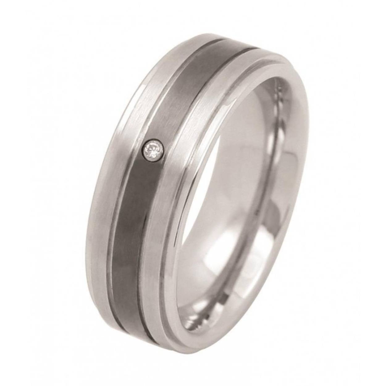 Stalen ring met donkergrijze midenbaan en 1x zirkonia