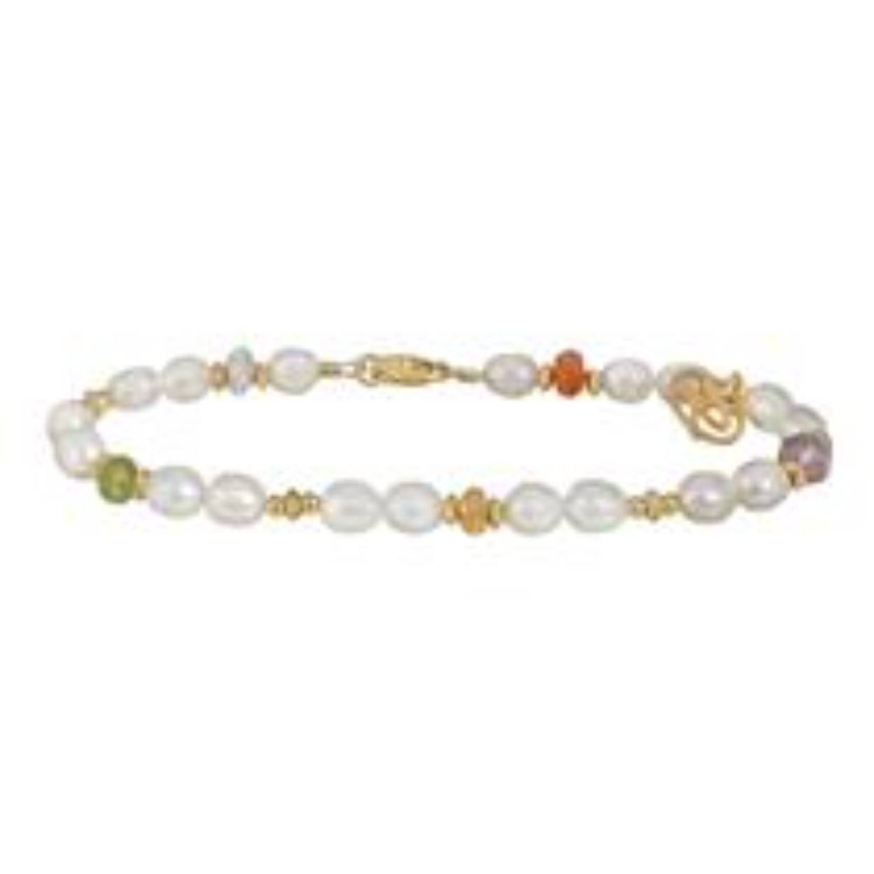 Deze geel goud vergulde armband heeft een lengte van 19 cm. De armband is versierd met witte parels van 6 à 6,5 mm, een 2 mm citrien, een 2 mm carneool, een 2mm amethist, een 2mm rozenkwarts en een 2 mm groene toermalijn kwarts.