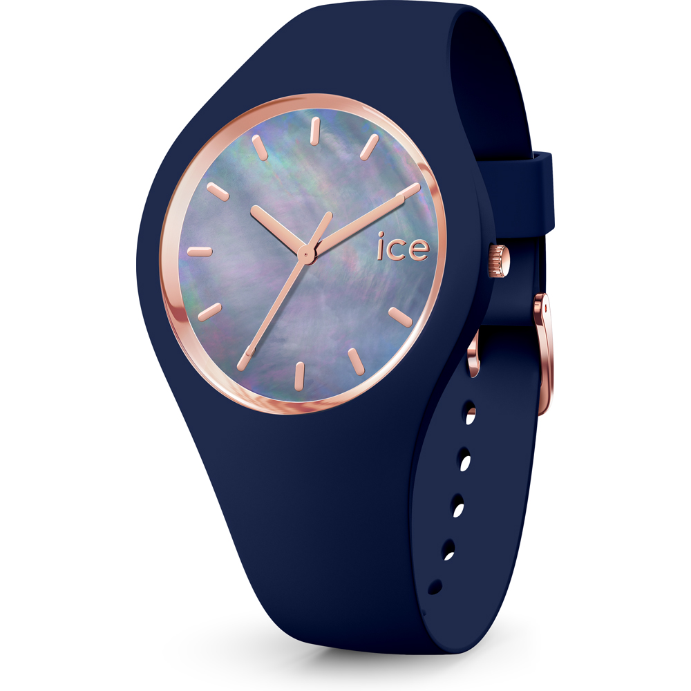 Ice Watch uurwerk uit de Ice Pearl collectie - Donkerblauwe siliconen band - Blauwe parelmoer wijzerplaat - rosékleurige uuraanduiding - Waterdichtheid: 10 ATM