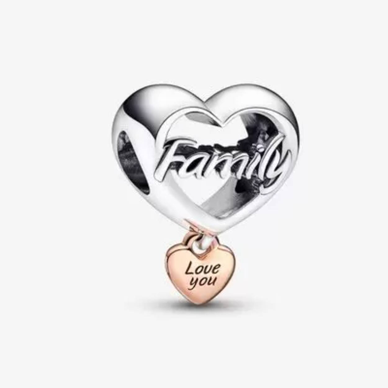 Family heart zilver en rose plated charm