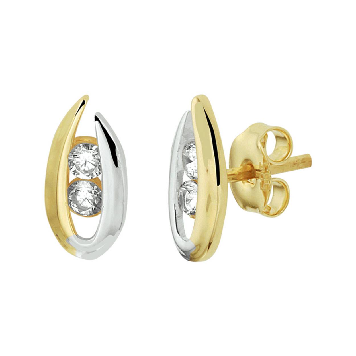 14k Bicolor geel- en witgouden oorknoppen uitgevoerd met een schitterende zirkonia rij. De afmeting van de oorknoppen is 10.5x5mm.