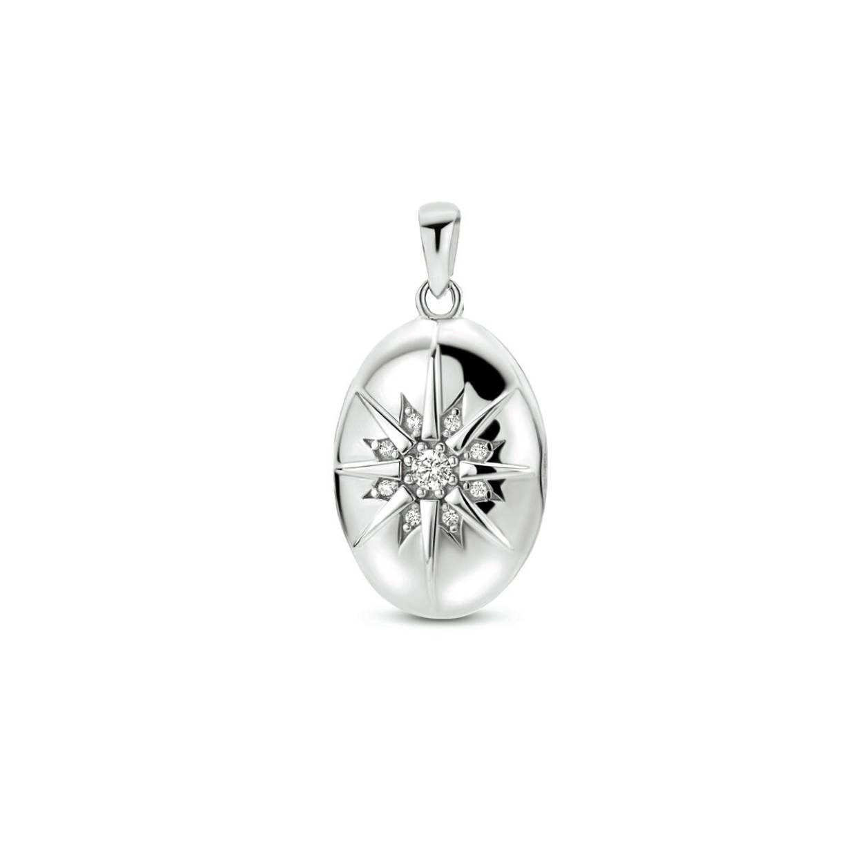 Gerhodineerd 925 zilveren medaillon uitgevoerd met heldere zirkonia. Het medaillon heeft een totale hoogte van 2.6cm en een breedte van 13.5mm.