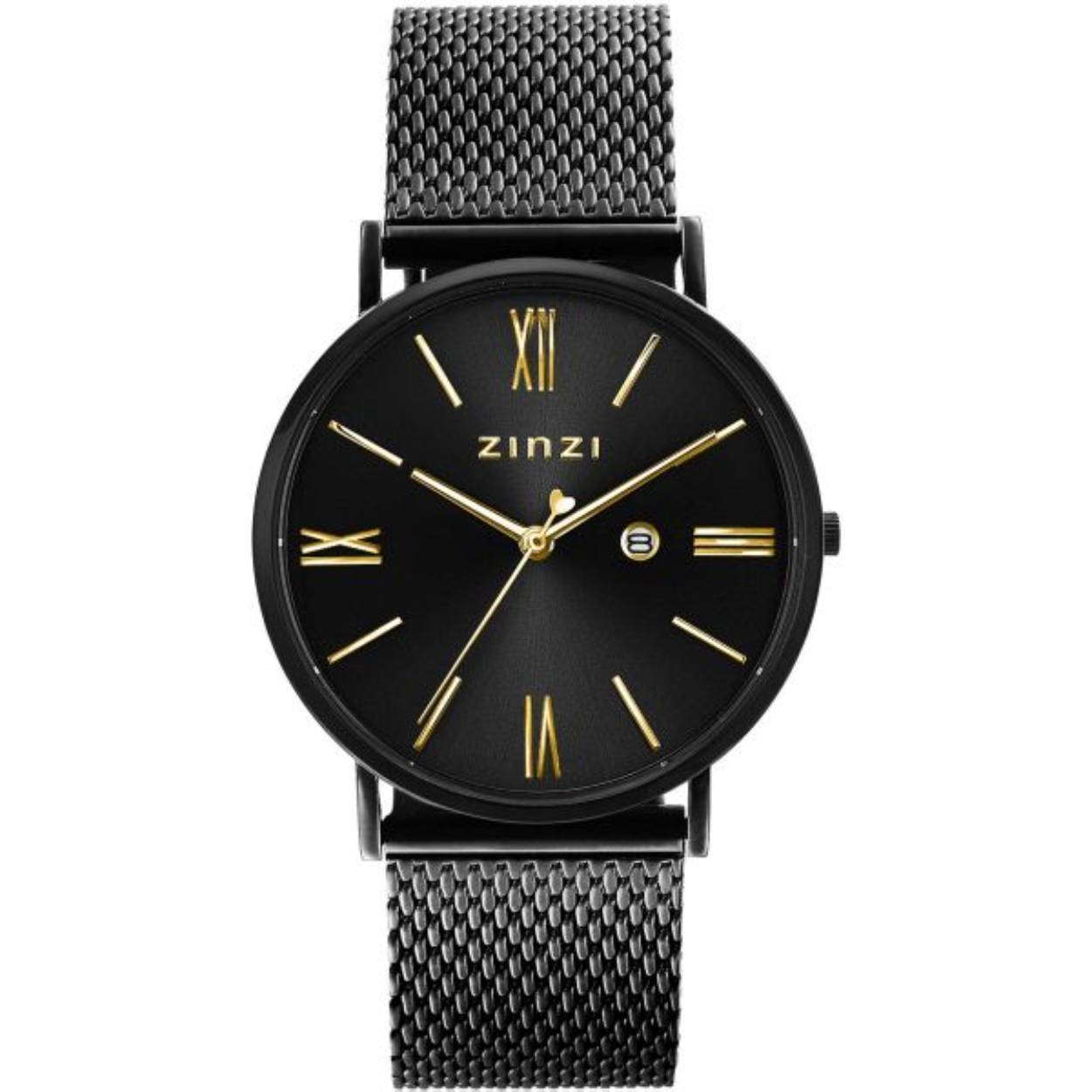 Het nieuwe ZINZI Roman horloge (34mm) is een maatje kleiner dan de populaire Retro watch. Met zijn geheel zwarte stalen kast van 34mm oogt dit horloge trendy op de dunnere pols. En de sierlijke goudkleurige romeinse cijfers geven de wijzerplaat een tijdloos karakter. Het extra dunne Japanse uurwerk met datum en de platte ronde stalen zwarte kast (34mm) zorgen voor een fashionable look. Voorzien van een zwarte 'sunray' wijzerplaat met geelvergulde wijzers en stalen zwarte mesh band.