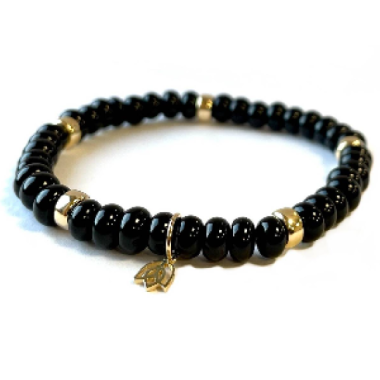 Edelstenen armband, Onyx (6x4mm kralen) | Vijf 14kt gouden beads & tulp logo