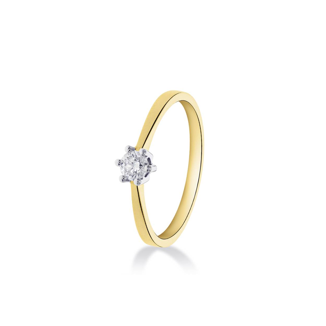 Een 14 krt geelgouden solitair ring met diamant briljant 0.15 crt H SI.