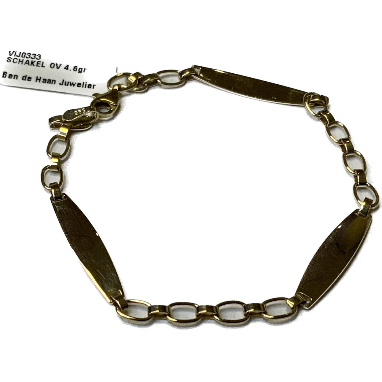 Lengte armband: 19,5CM 
Schakelbreedte: 5,5MM
Gewicht: 4,5Gram 

Goud armband oogjes met 3x graveerplaat ertussen, 19,5 cm.
VIJ0333