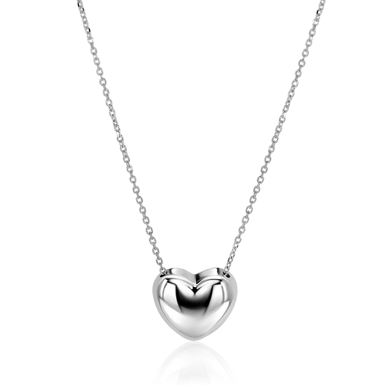 ZINZI zilveren ketting met luxe groot hart (15mm). Het hart is bol aan de bovenkant en plat aan de achterkant, waardoor het mooi ligt op de hals. De lengte van de ketting is te variëren tussen 40 cm en 45 cm. De ketting is vervaardigd van eerste gehalte zilver (925) en voorzien van een extra rodiumlaag voor een langdurige glans.