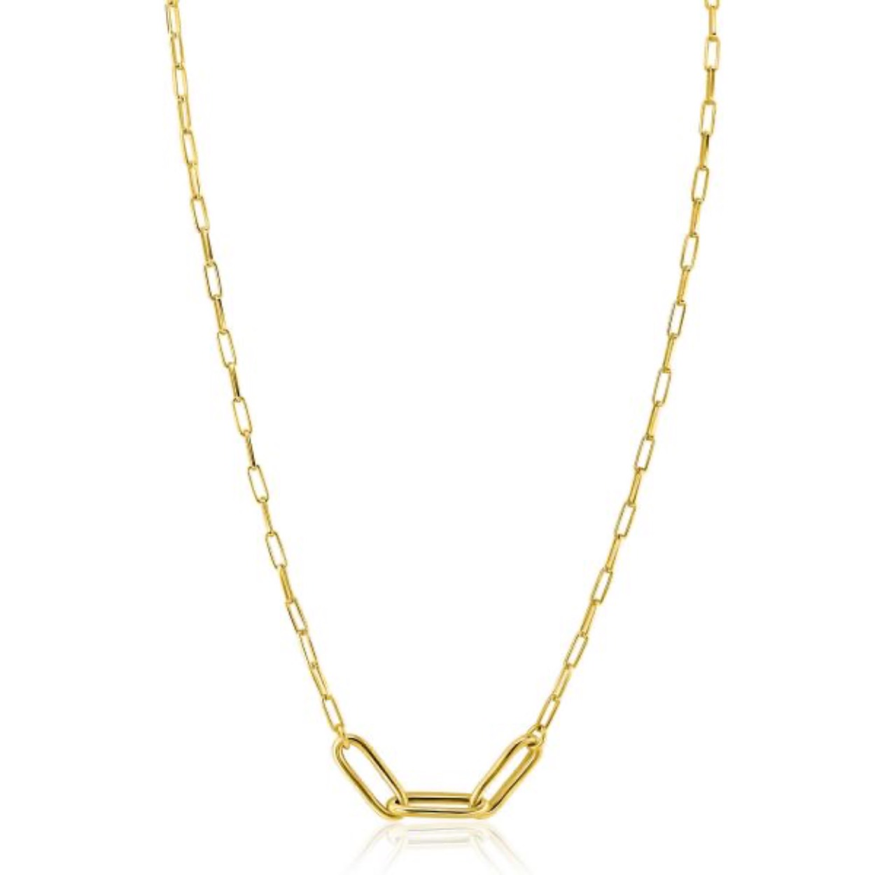 ZINZI gold plated zilveren schakelketting met paperclip schakels en in het midden 3 mooie grote ovale schakels. Elke grote ovale schakel heeft een lengte van 15 mm. Deze stoere en tegelijk elegante ketting past bij elke outfit! De lengte van deze ketting is te variëren tussen 40 en 45 cm. Met herkenbaar Zinzi hartje bij de sluiting. Vervaardigd van eerste gehalte zilver (925) en voorzien van een extra geel vergulding.
