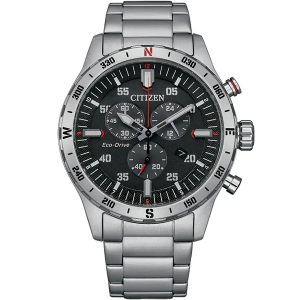 Sportief Citizen herenhorloge met Eco-Drive. Dit horloge heeft een edelstalen kast en band, een zwarte wijzerplaat, kristal glas en is 10 atm waterdicht.

Dankzij de Eco-Drive techniek van Citizen is een batterijwissel overbodig geworden.
De energie die Eco-Drive horloges aandrijft wordt door een silicium lichtcel, die iedere vorm van licht in stroom omzet, geleverd.
Deze stroom wordt in een oplaadbare accu, die het horloge als energiebron dient, opgeslagen.

Citizen biedt met de Eco-Drive techniek een adequaat alternatief ten opzichte van wegwerpbatterijen
en levert de Eco-Drive aandrijving een verantwoorde bijdrage aan de bescherming van het milieu!