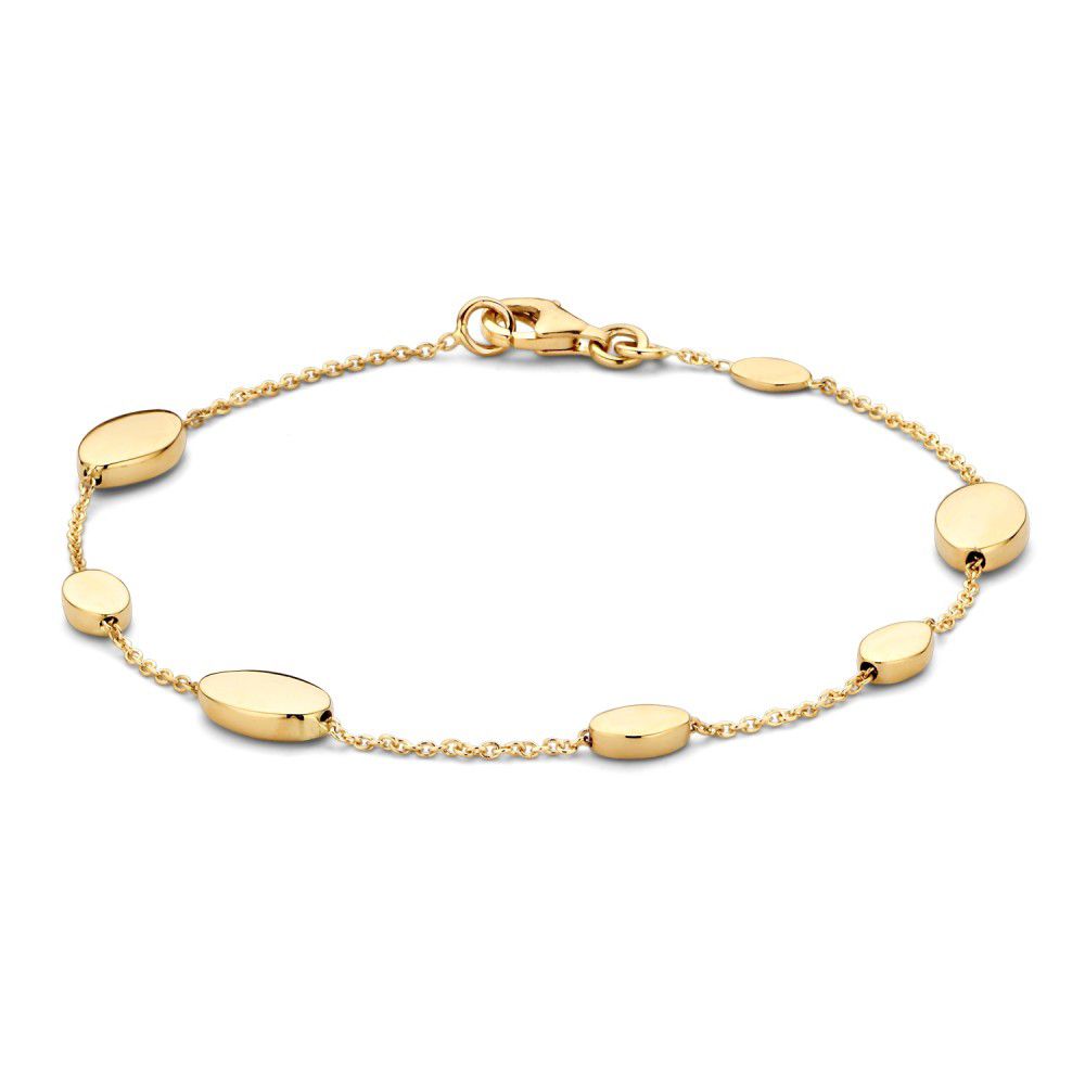 Geelgouden armband met ankerschakel en gouden ovaaltjes.