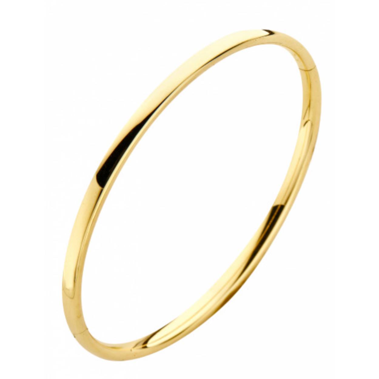 Prachtige 14krt geelgouden ovale armband, 3mm. De armband heeft een doorsnede van 58mm. 

Massief 14krt gouden bangle armband met een kern van massief zilver. Dit zorgt ervoor dat de armband nagenoeg niet kan deuken! Top kwaliteit armband voorzien van een '585' 14krt goud keurteken en een '925' zilver keurteken.
