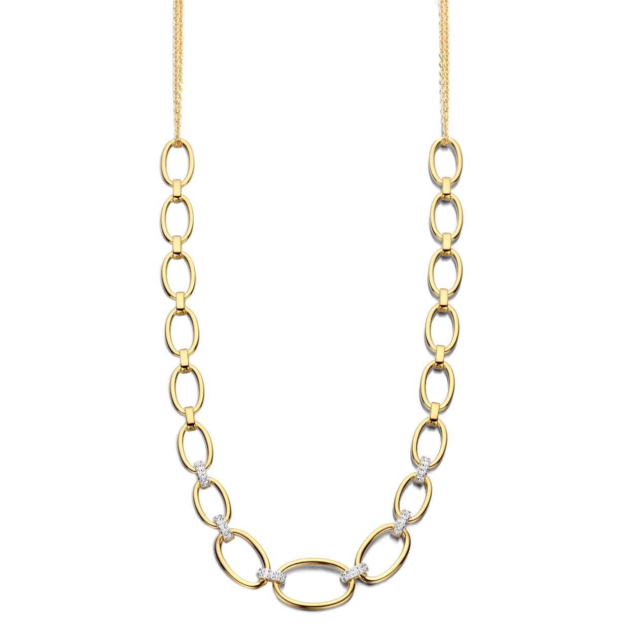 Prachtige goudkleurige collier met open schakels en zirkonia's
Materiaal: 925 zilver, verguld
Bijhorende oorbellen en armband ook verkrijgbaar