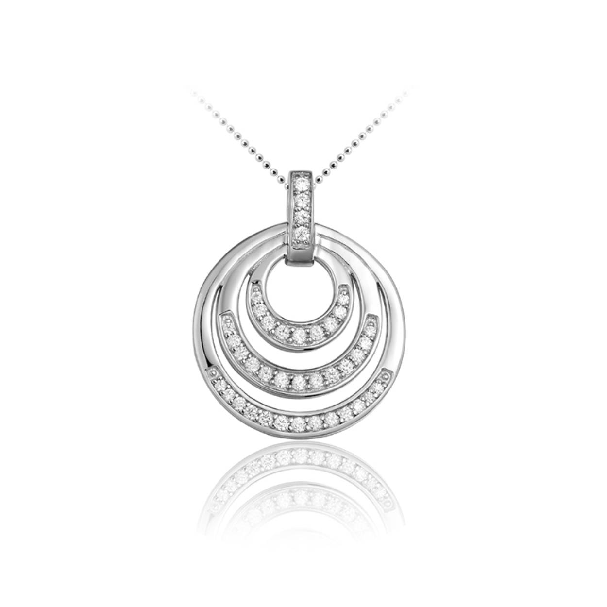 Zilveren hanger, drie cirkels in elkaar van klein naar groot met  briljant geslepen zirkonia in pavezetting.

Leuk om te combineren met de bijpassende ring R385, R422, R446 en/of oorstekers E1008, E1014, E1020.