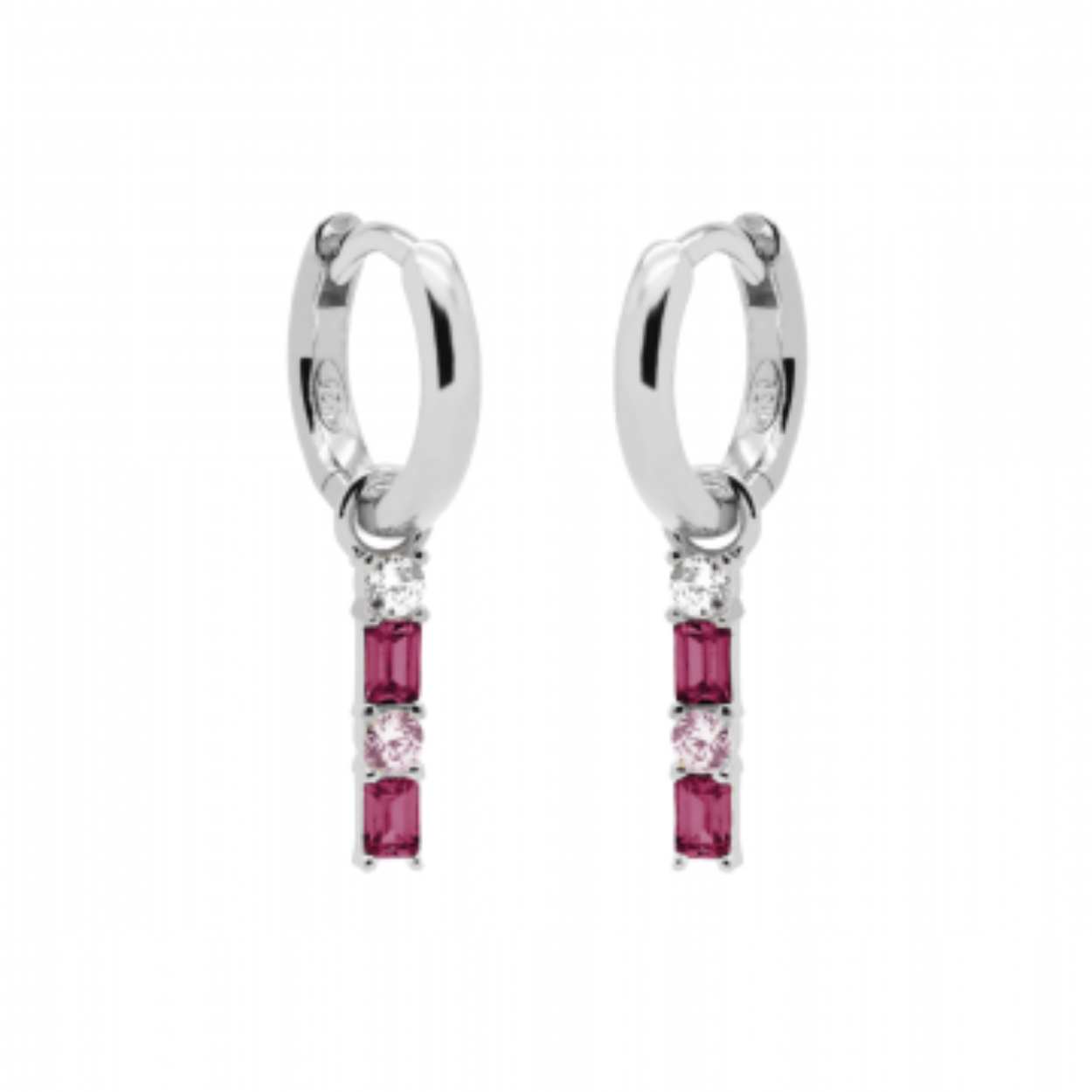 Hinged Hoops Double Zirconia Square Baguette RUBY Silver
