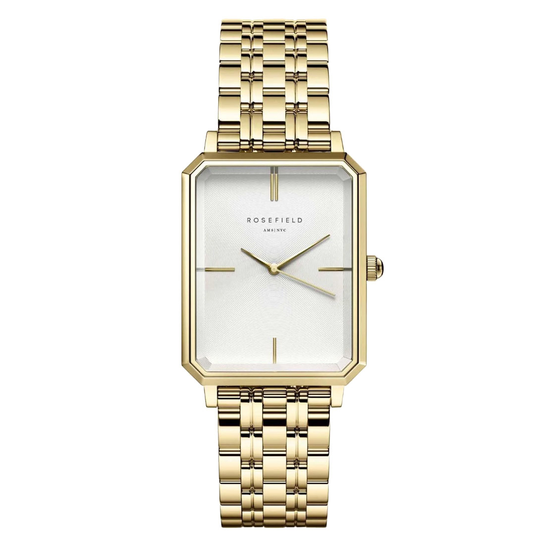Ontdek The Octagon, Rosefield's nieuwste horlogecollectie — direct een klassieker. Dit bijzondere horloge met achthoekige klok en gepolijste gouden 5-schakel band stralen een elegantie van 1920 elegantie uit en maken dit horloge tot een waar fashion accessoire.